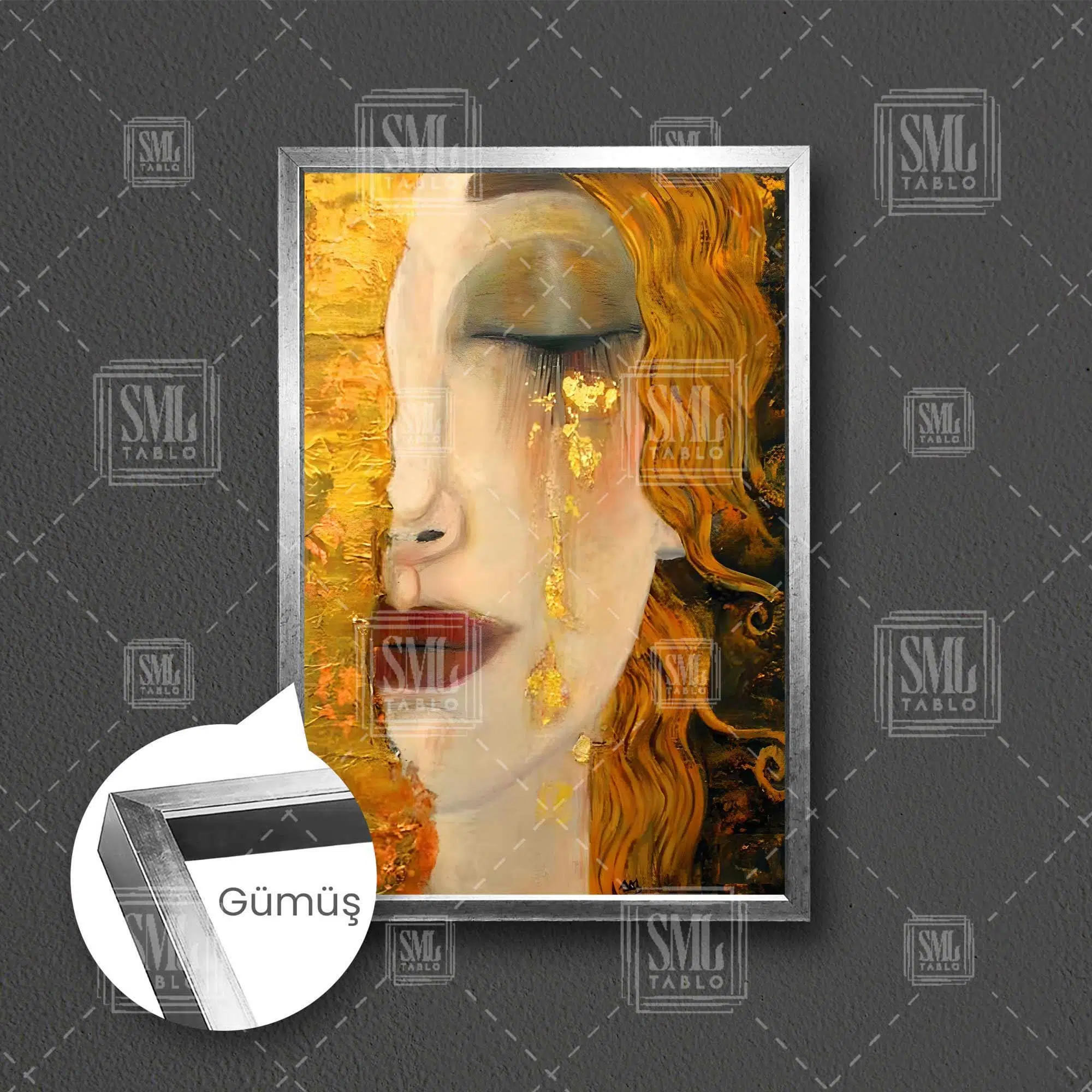 Gustav Klimt Ağlayan Kadın Altın Gözyaşı Gold Başyapıt Çerçeveli Dikey Kanvas Tablo - Gümüş