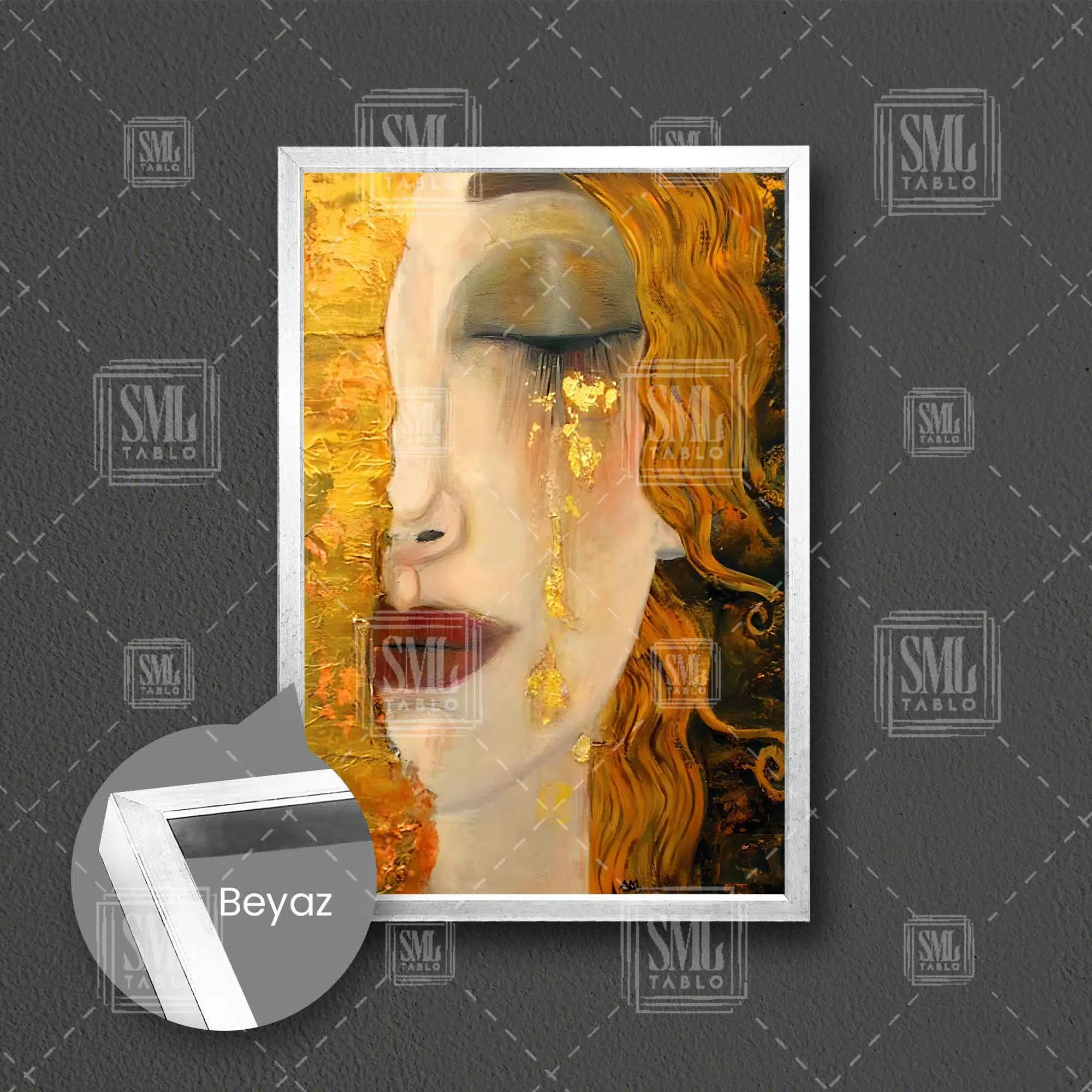 Gustav Klimt Ağlayan Kadın Altın Gözyaşı Gold Başyapıt Çerçeveli Dikey Kanvas Tablo - Beyaz