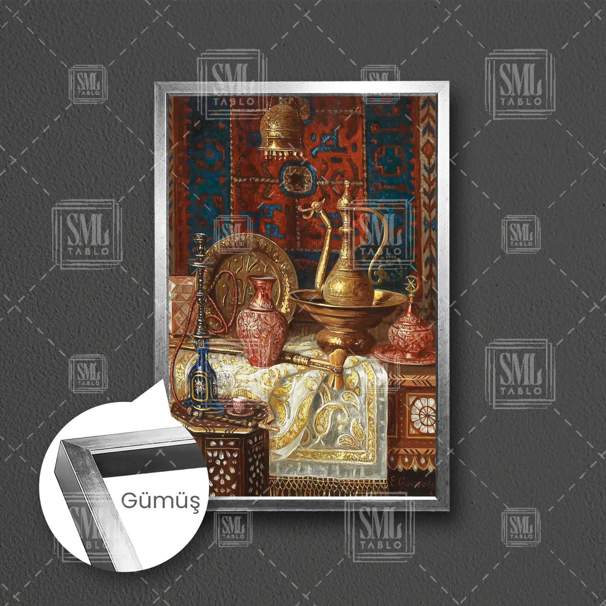 Antika İbrik İşlemeli Nargile Osmanlı Dekor Çerçeveli Dikey Kanvas Tablo - Gümüş