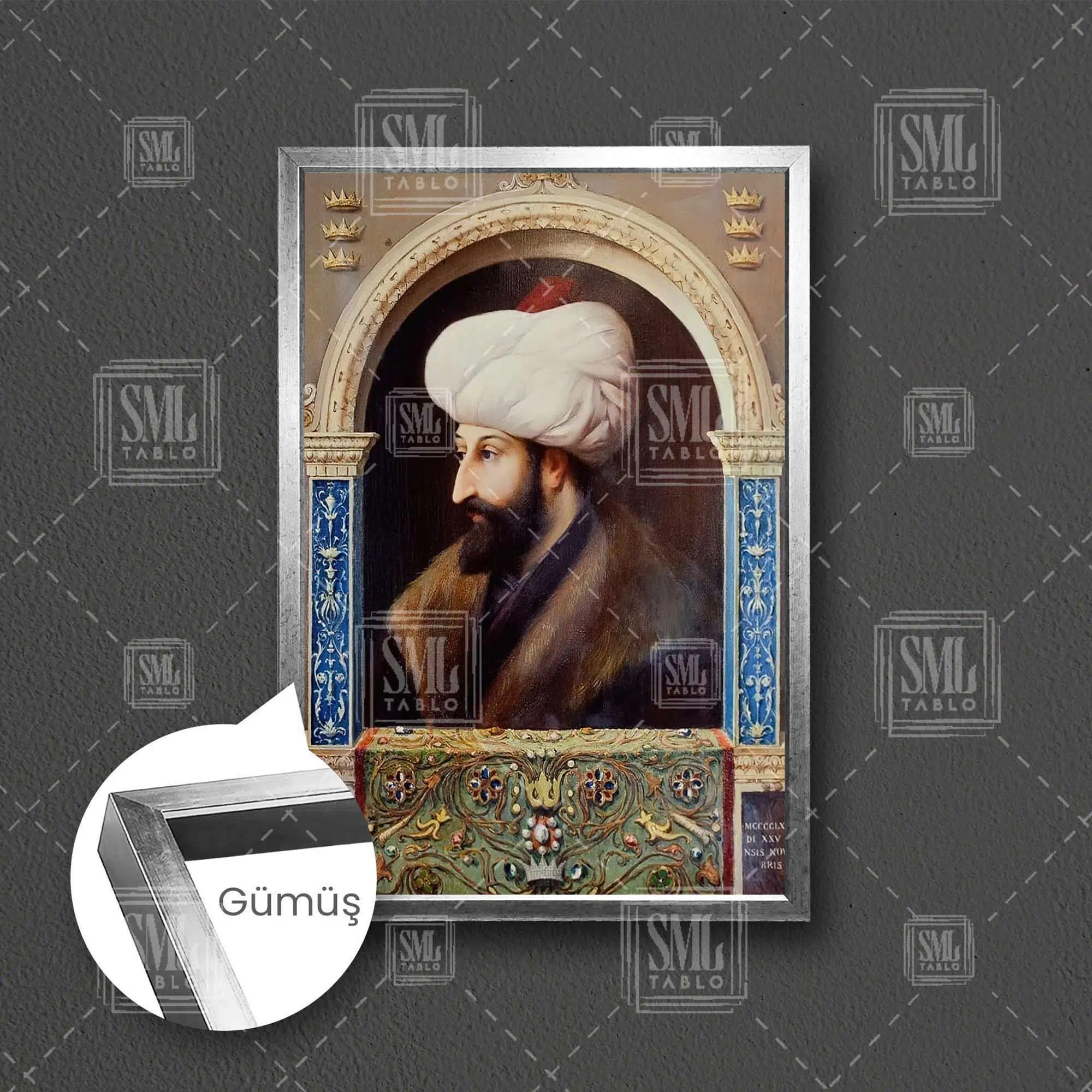 Fatih Sultan Mehmet Osmanlı Padişah Çerçeveli Dikey Kanvas Tablo - Gümüş