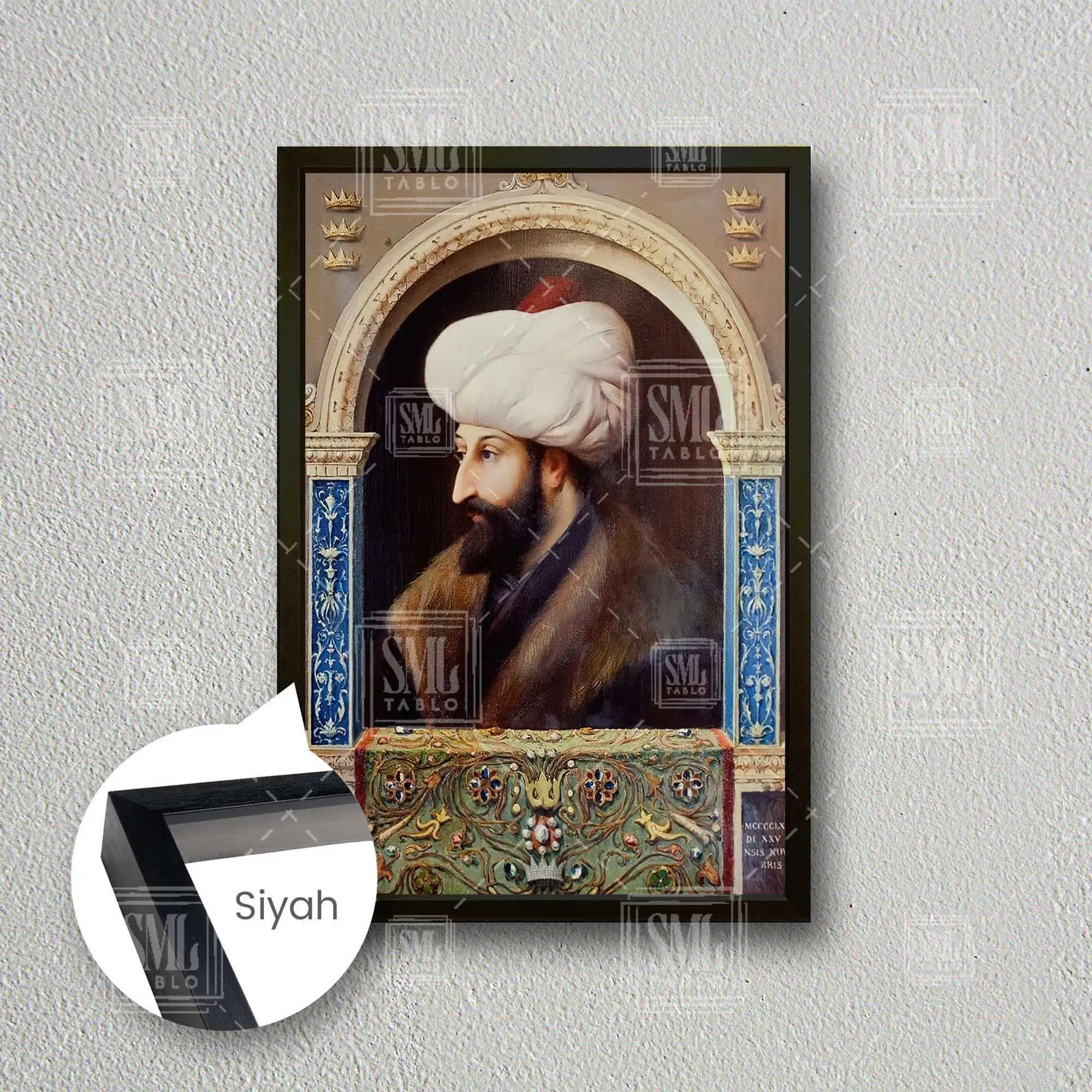 Fatih Sultan Mehmet Osmanlı Padişah Çerçeveli Dikey Kanvas Tablo - Siyah