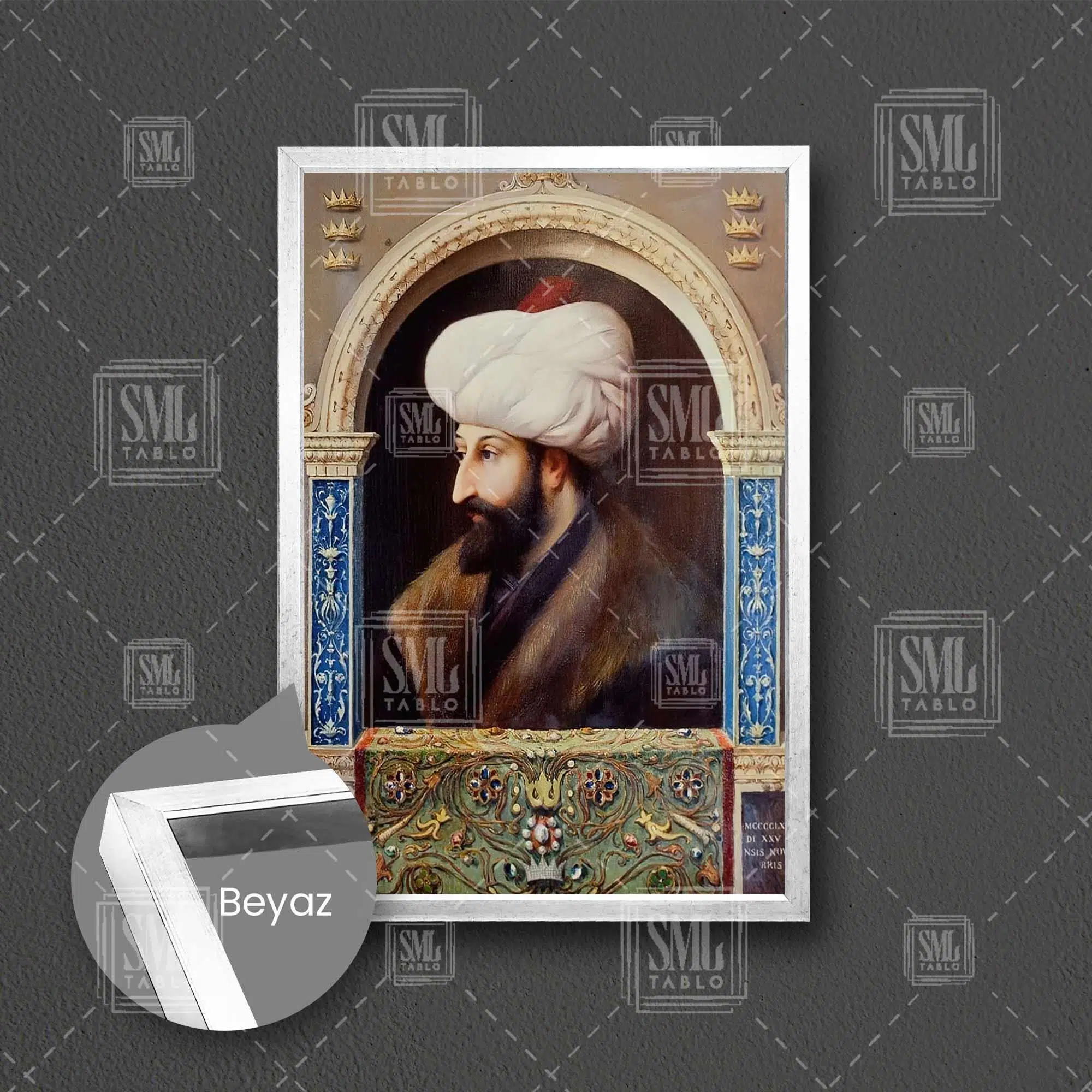 Fatih Sultan Mehmet Osmanlı Padişah Çerçeveli Dikey Kanvas Tablo - Beyaz