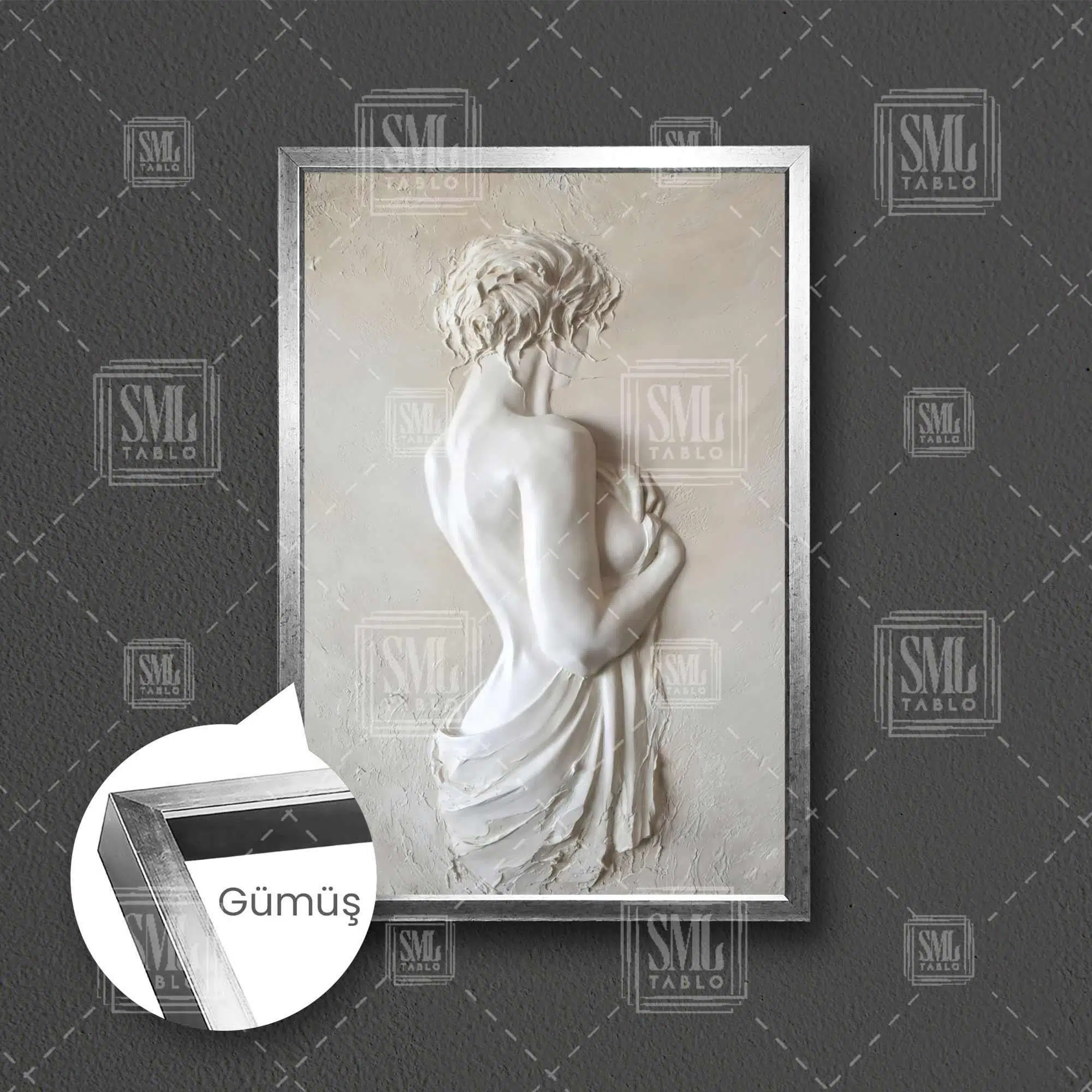 Sırtı Dönük Mermer Alçı Nü Kadın Modern Sanat Çerçeveli Dikey Kanvas Tablo - Gümüş