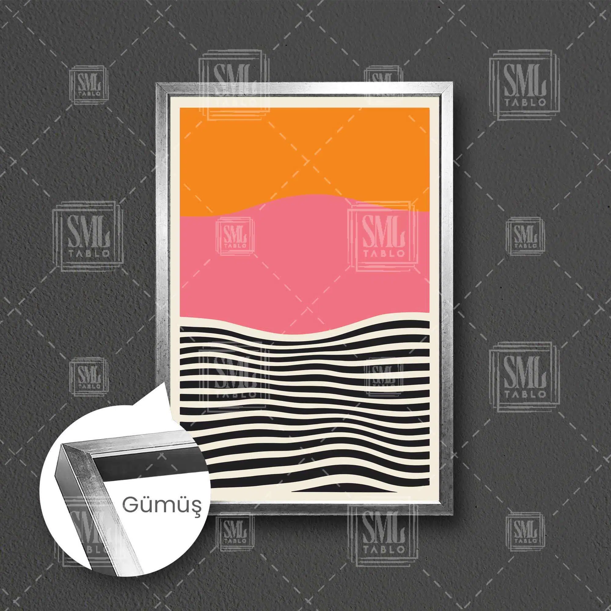 Turuncu Pembe Ve Siyah Çizgili Boho Minimal Çerçeveli Dikey Kanvas Tablo - Gümüş
