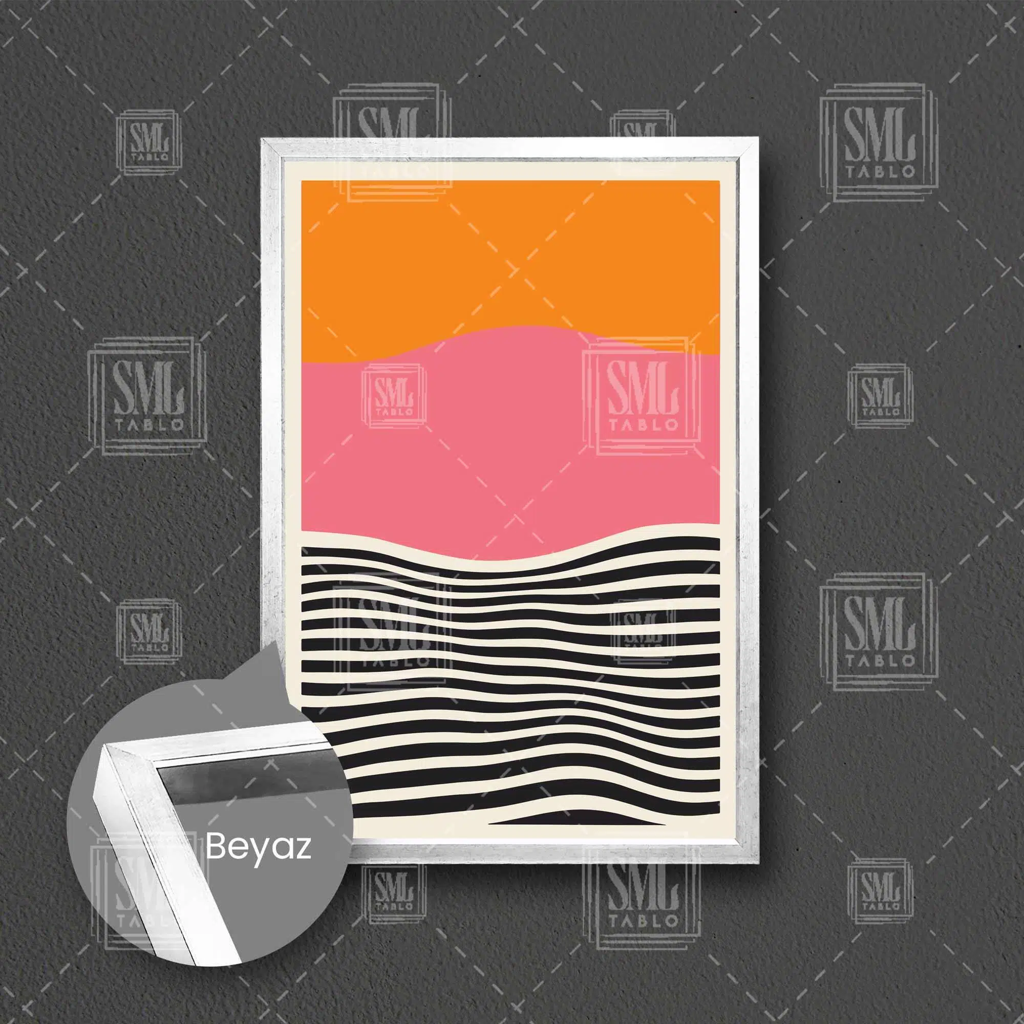 Turuncu Pembe Ve Siyah Çizgili Boho Minimal Çerçeveli Dikey Kanvas Tablo - Beyaz
