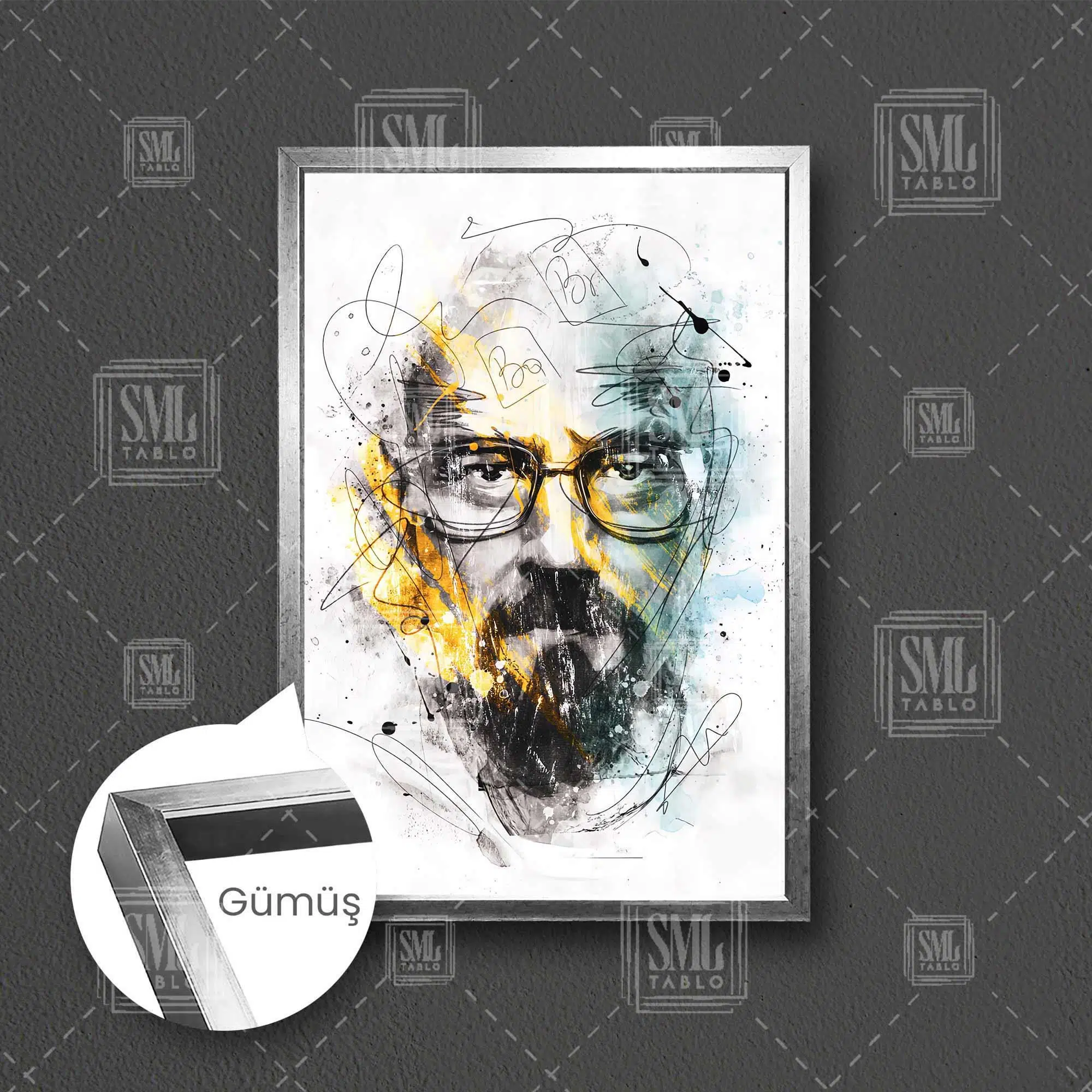 Heisenberg Breaking Bad Kimya Çerçeveli Dikey Kanvas Tablo - Gümüş