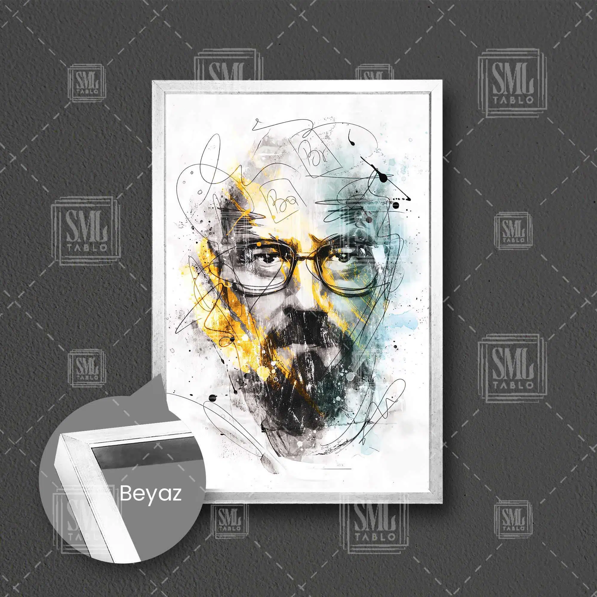 Heisenberg Breaking Bad Kimya Çerçeveli Dikey Kanvas Tablo - Beyaz