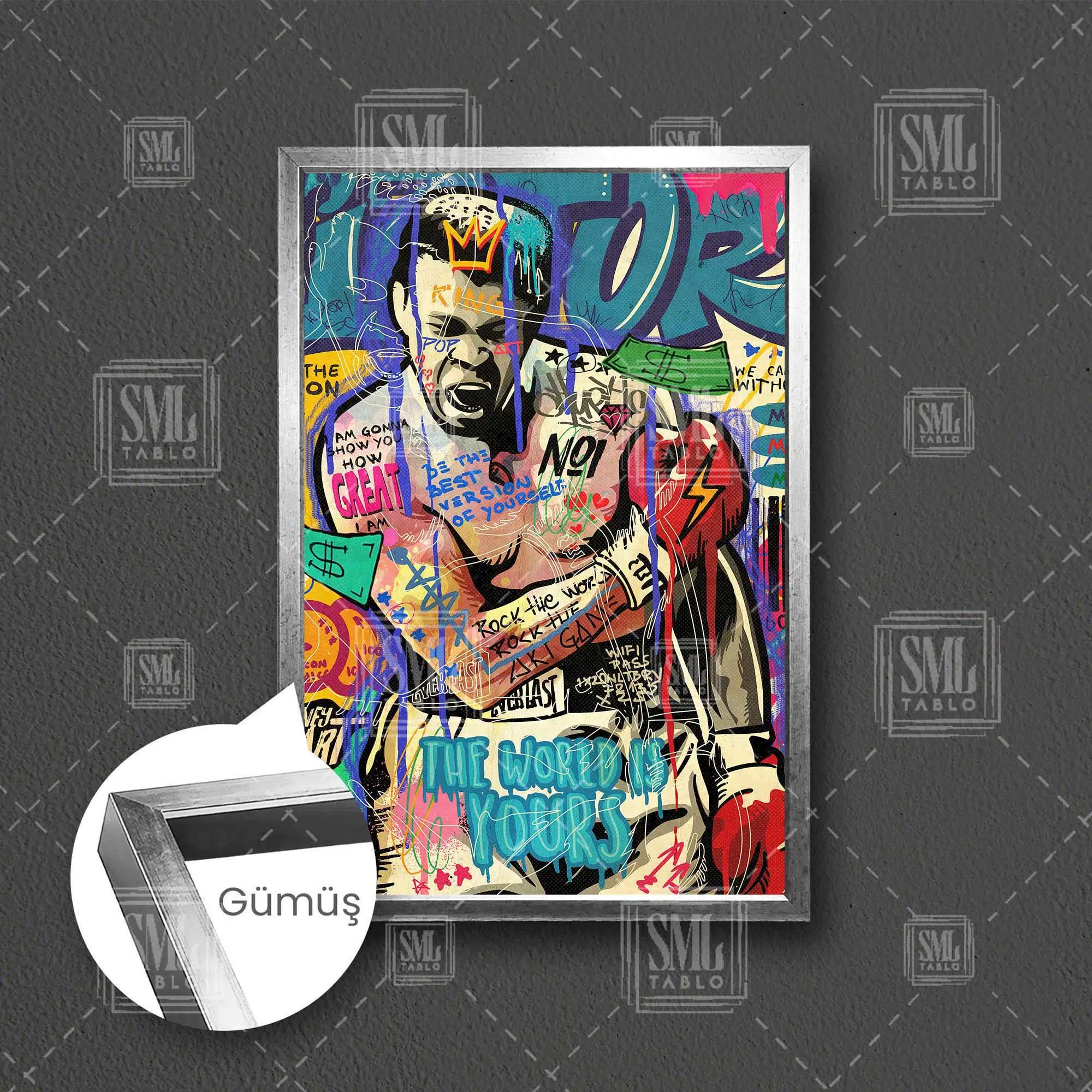 Muhammed Ali Boksör Boks Grafiti Çerçeveli Dikey Kanvas Tablo - Gümüş