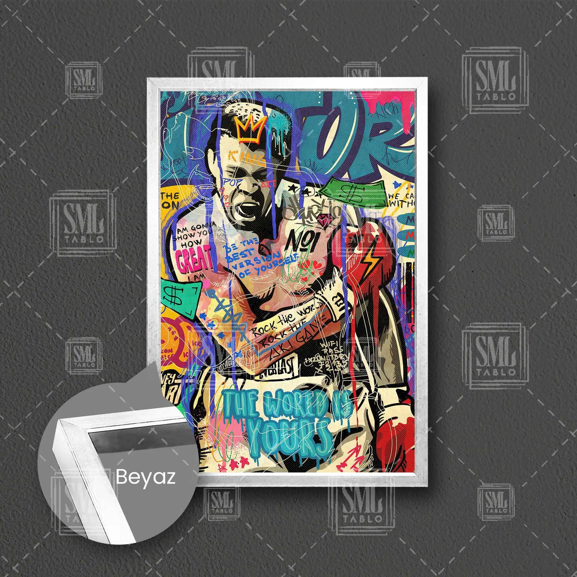 Muhammed Ali Boksör Boks Grafiti Çerçeveli Dikey Kanvas Tablo - Beyaz