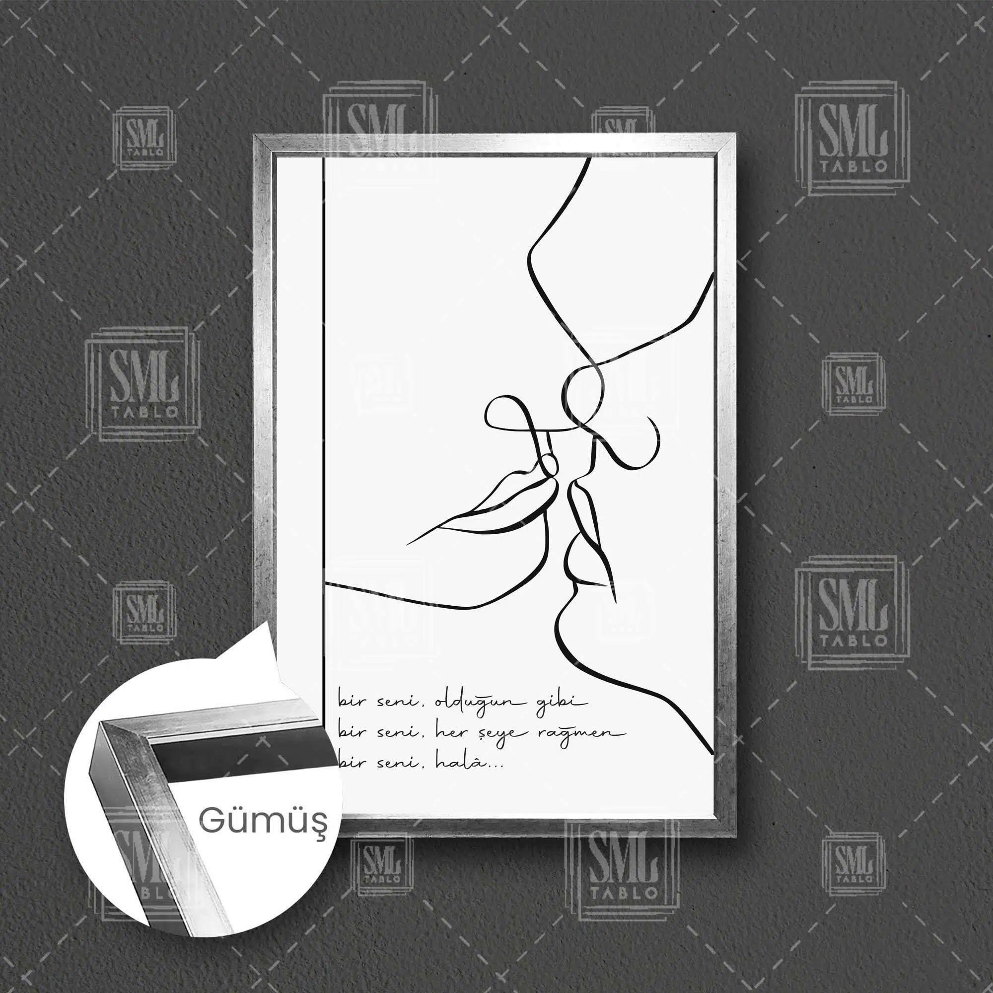 Bir Seni Şiir Öpüşen Çift Line Art Çizgisel Çerçeveli Dikey Kanvas Tablo - Gümüş