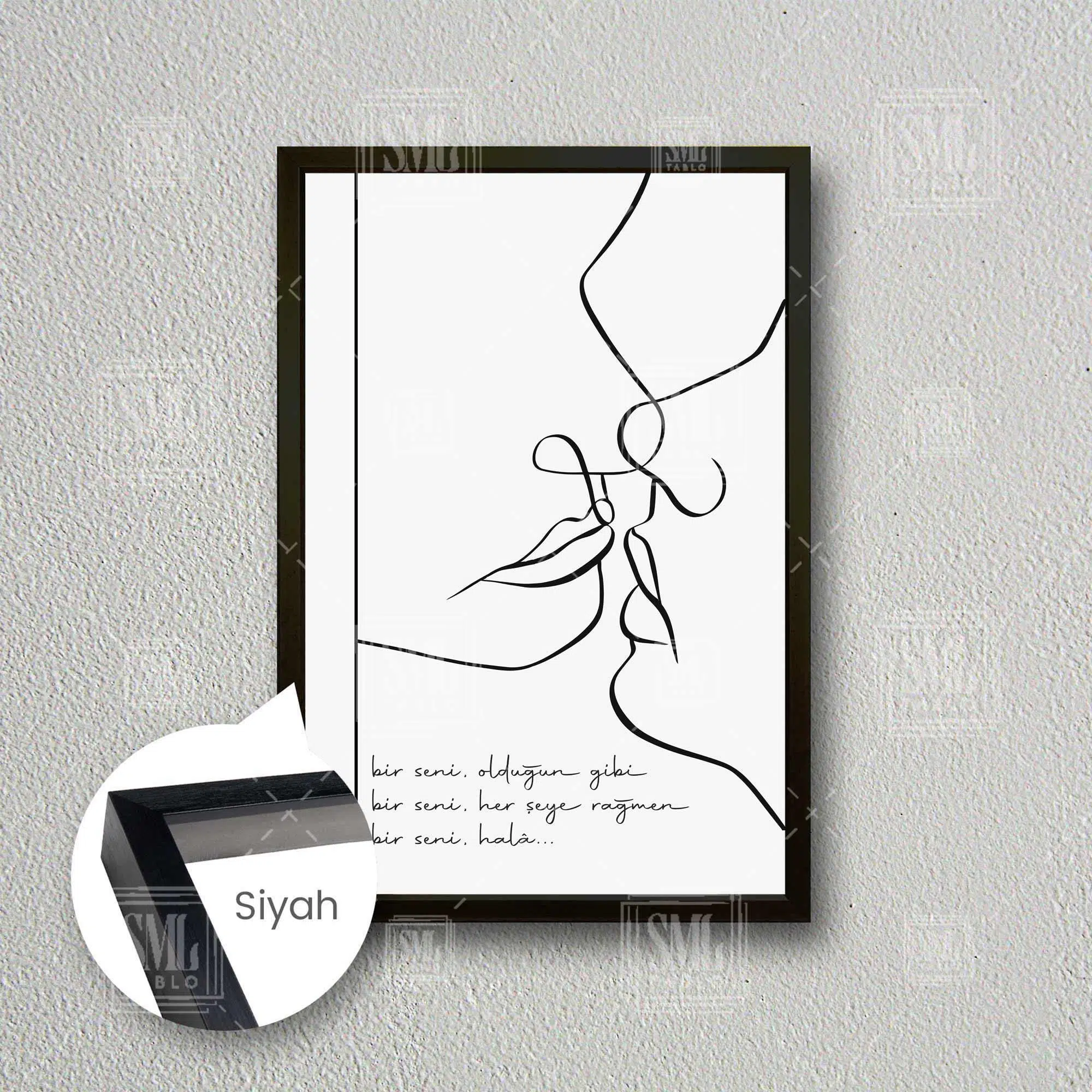 Bir Seni Şiir Öpüşen Çift Line Art Çizgisel Çerçeveli Dikey Kanvas Tablo - Siyah