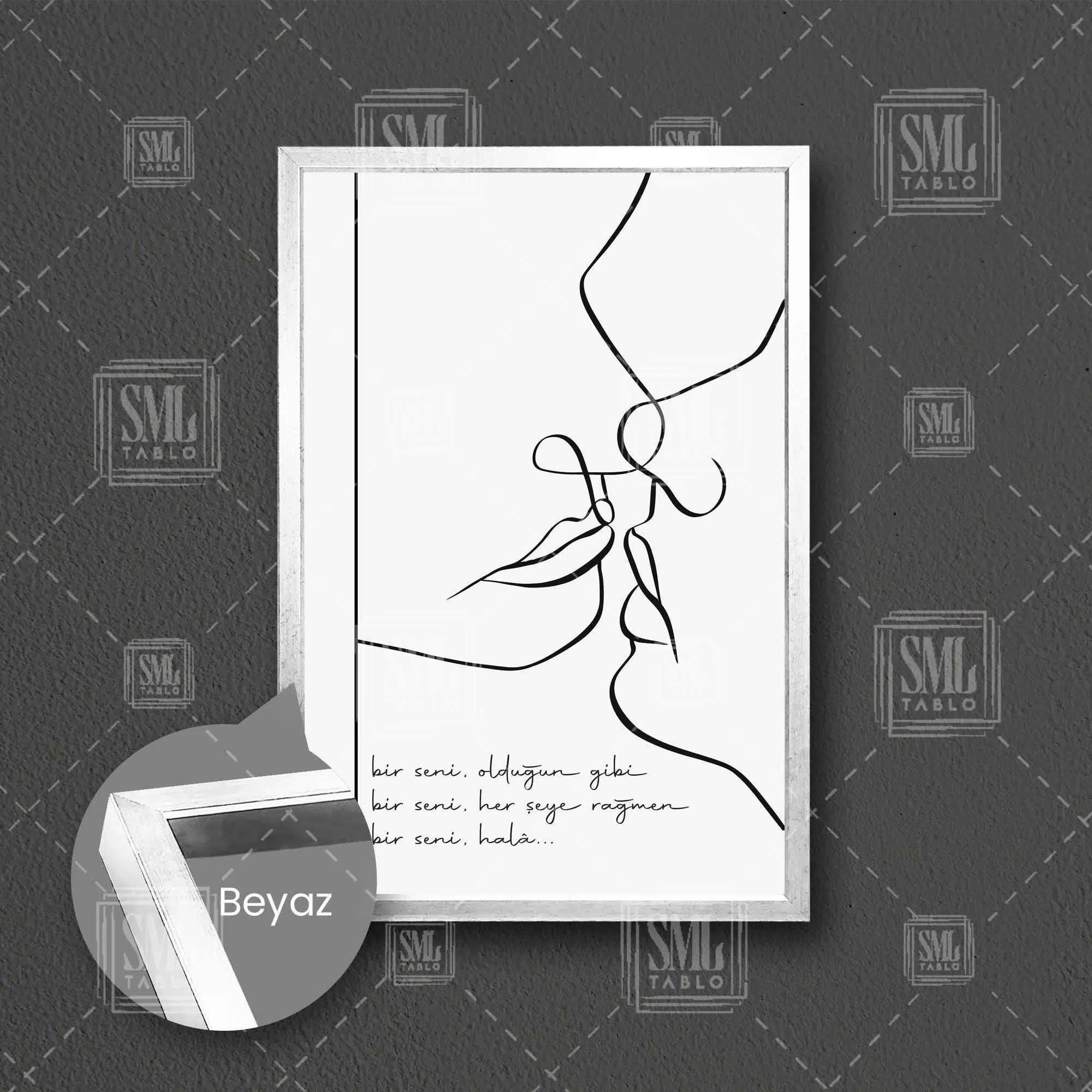 Bir Seni Şiir Öpüşen Çift Line Art Çizgisel Çerçeveli Dikey Kanvas Tablo - Beyaz