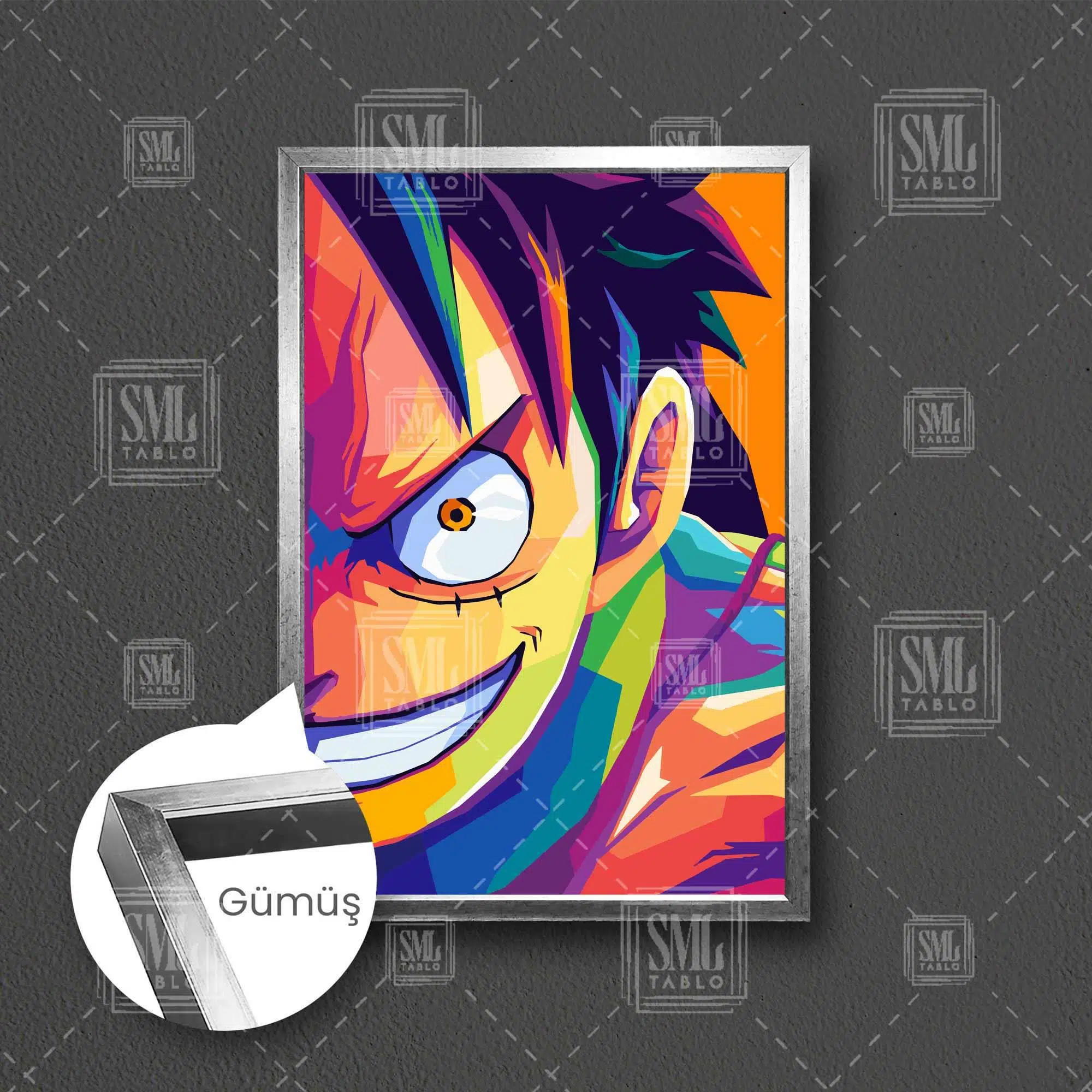 One Piece Anime Monkey D Luffy Renkli Grafiti Çerçeveli Dikey Kanvas Tablo - Gümüş