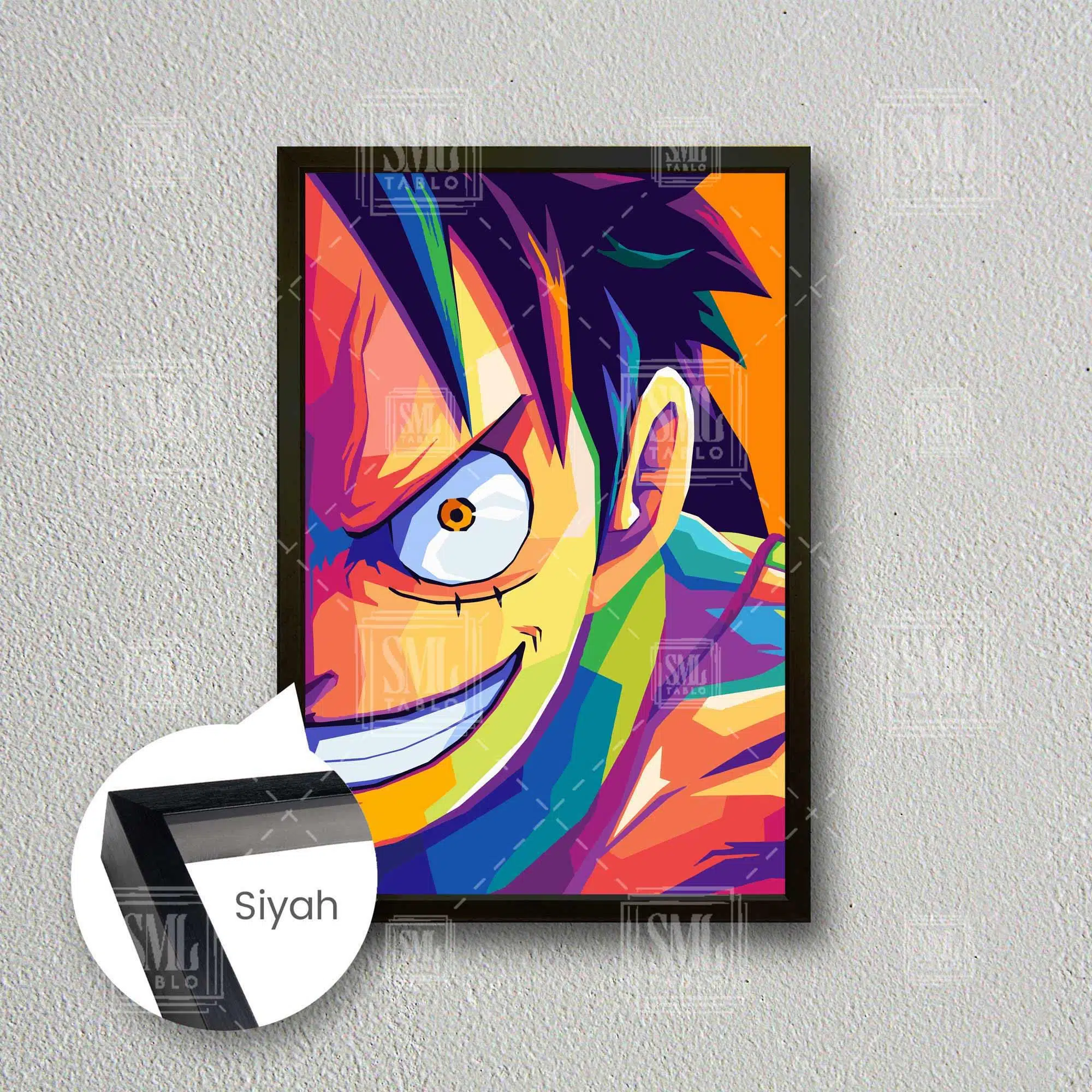 One Piece Anime Monkey D Luffy Renkli Grafiti Çerçeveli Dikey Kanvas Tablo - Siyah