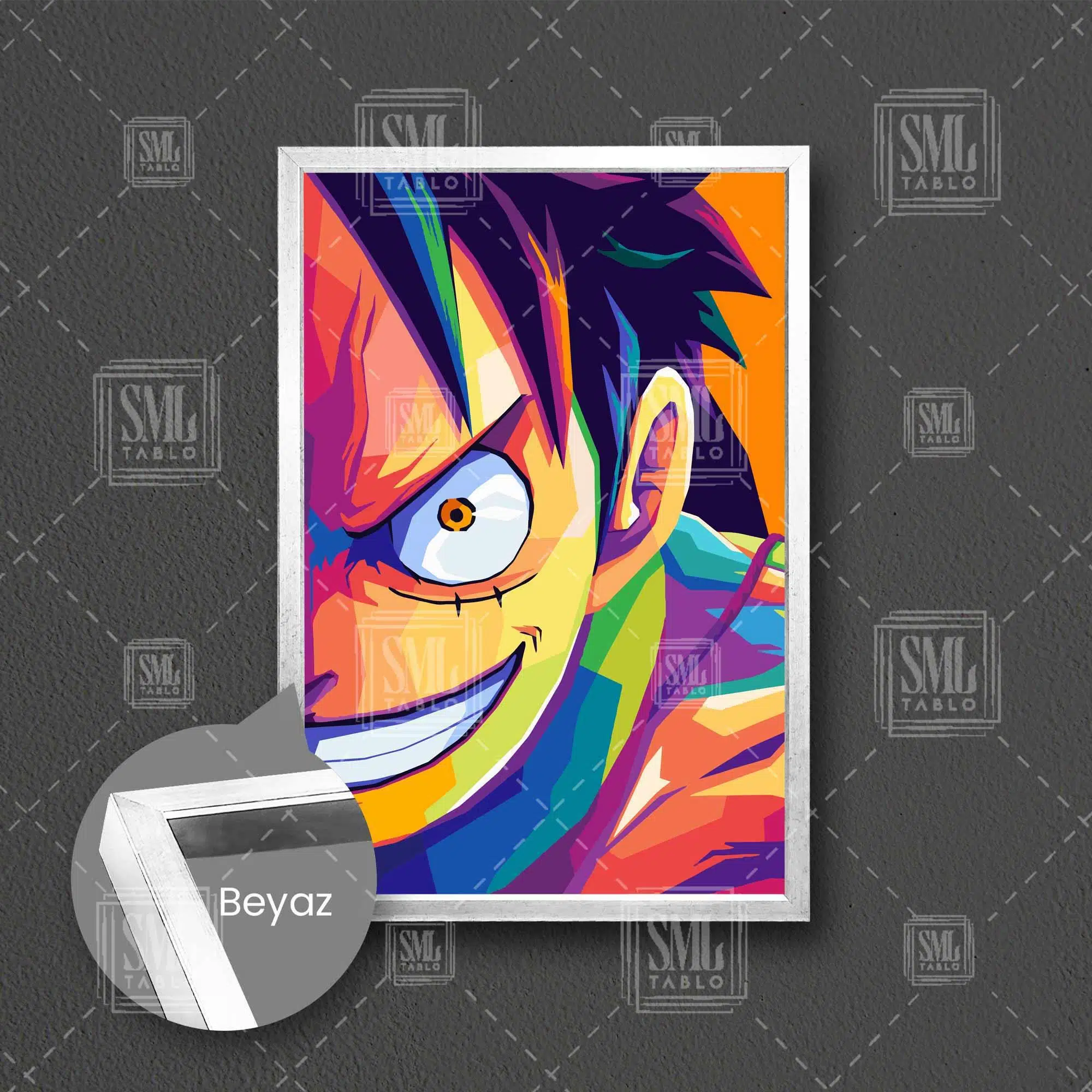 One Piece Anime Monkey D Luffy Renkli Grafiti Çerçeveli Dikey Kanvas Tablo - Beyaz