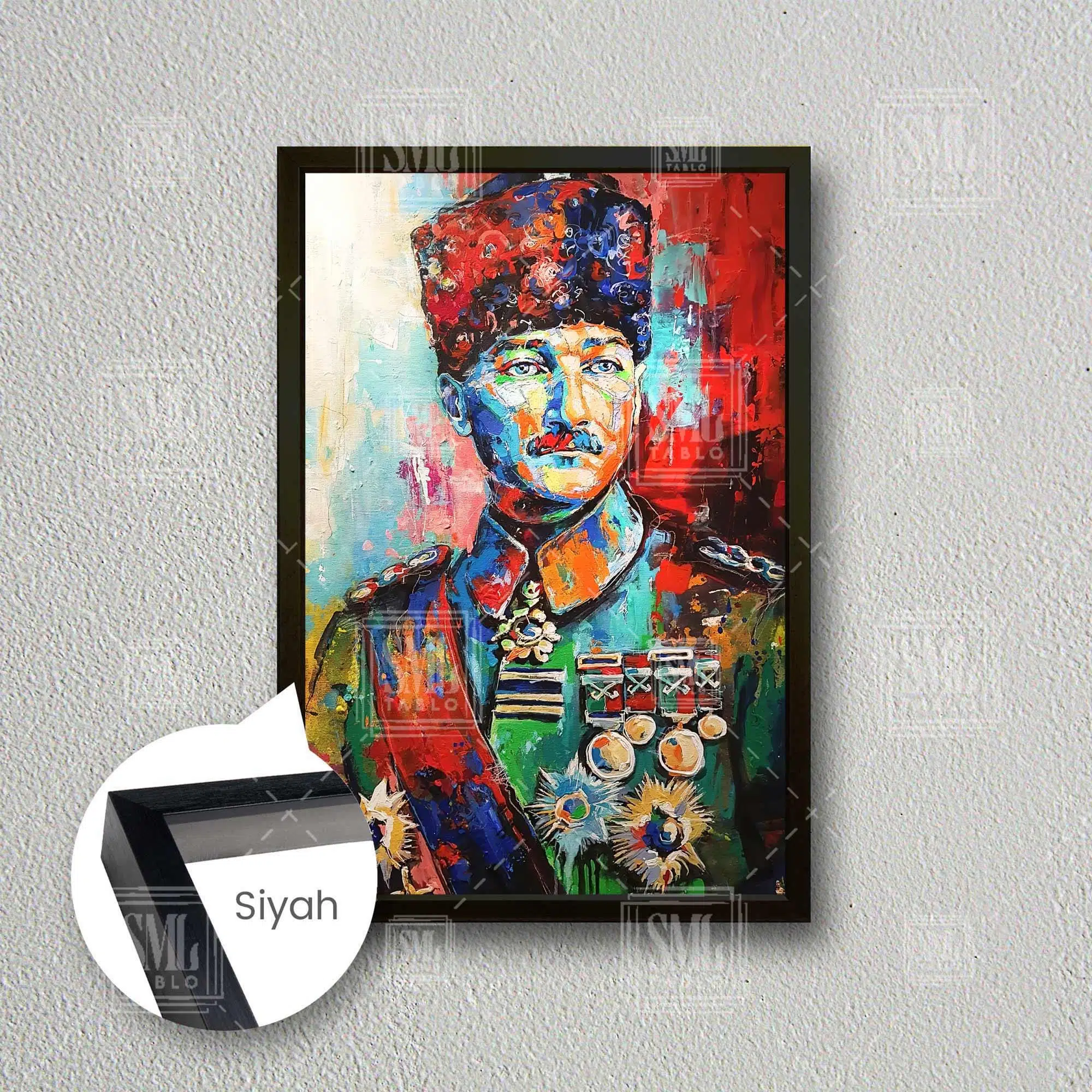 Büyük Komutan Mustafa Kemal Atatürk Çerçeveli Dikey Kanvas Tablo - Siyah