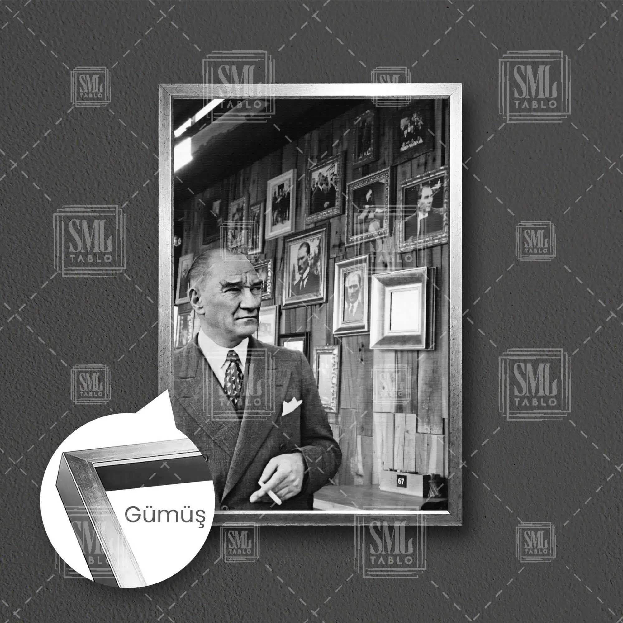 Gazi Mustafa Kemal Atatürk Büyük Önder Portresi Çerçeveli Dikey Kanvas Tablo - Gümüş
