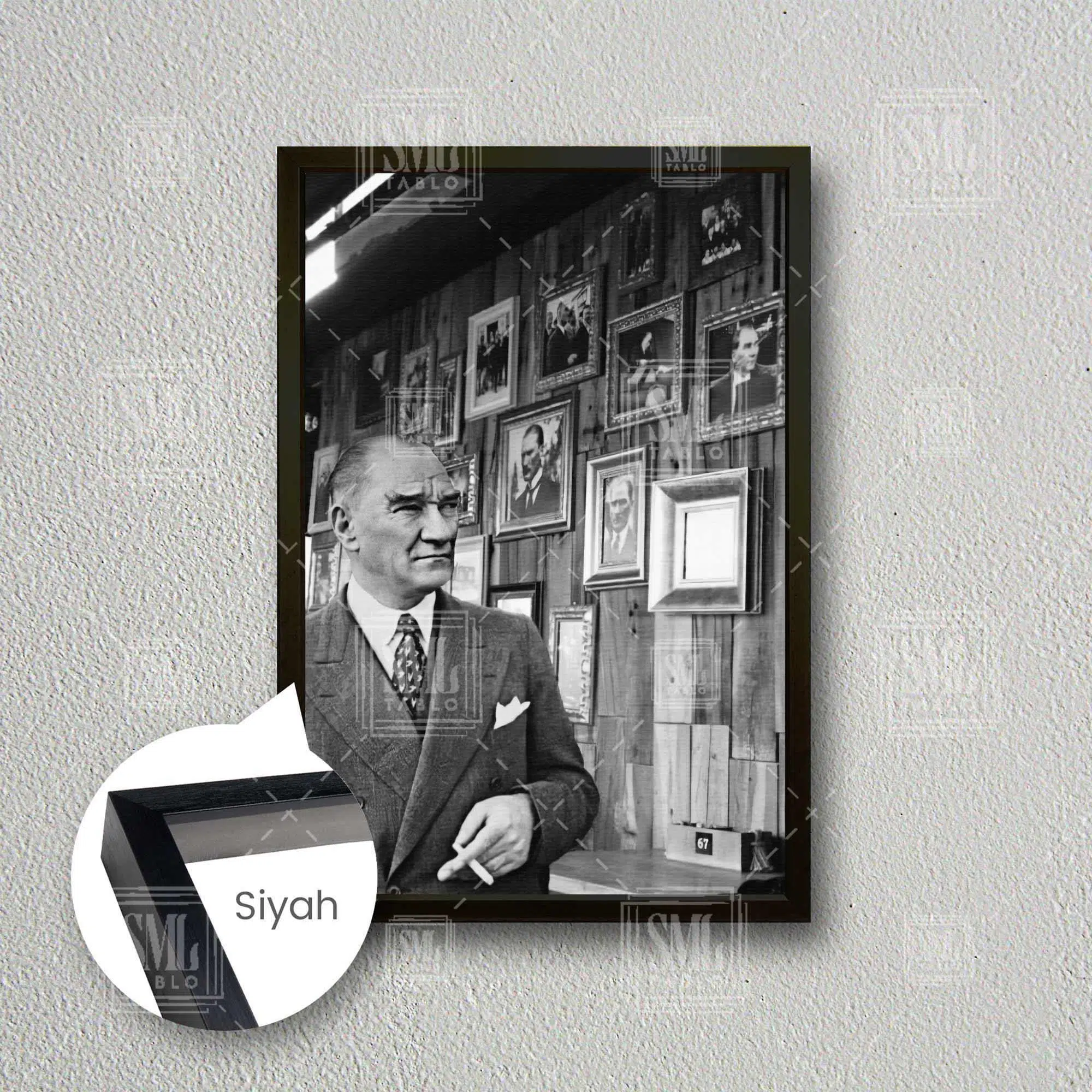 Gazi Mustafa Kemal Atatürk Büyük Önder Portresi Çerçeveli Dikey Kanvas Tablo - Siyah