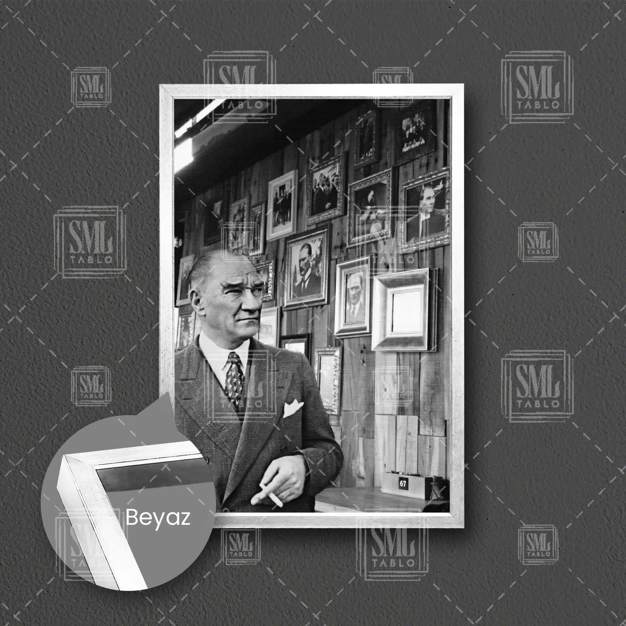 Gazi Mustafa Kemal Atatürk Büyük Önder Portresi Çerçeveli Dikey Kanvas Tablo - Beyaz