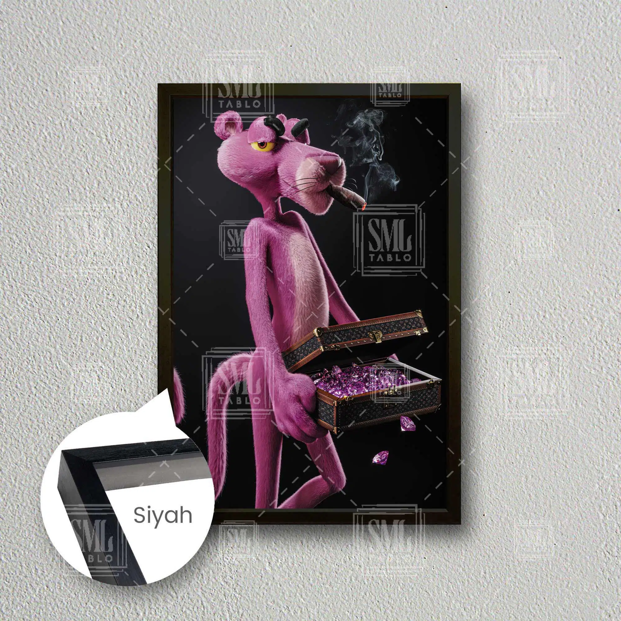 Pembe Panter ve Hazinesi Çerçeveli Dikey Kanvas Tablo - Siyah