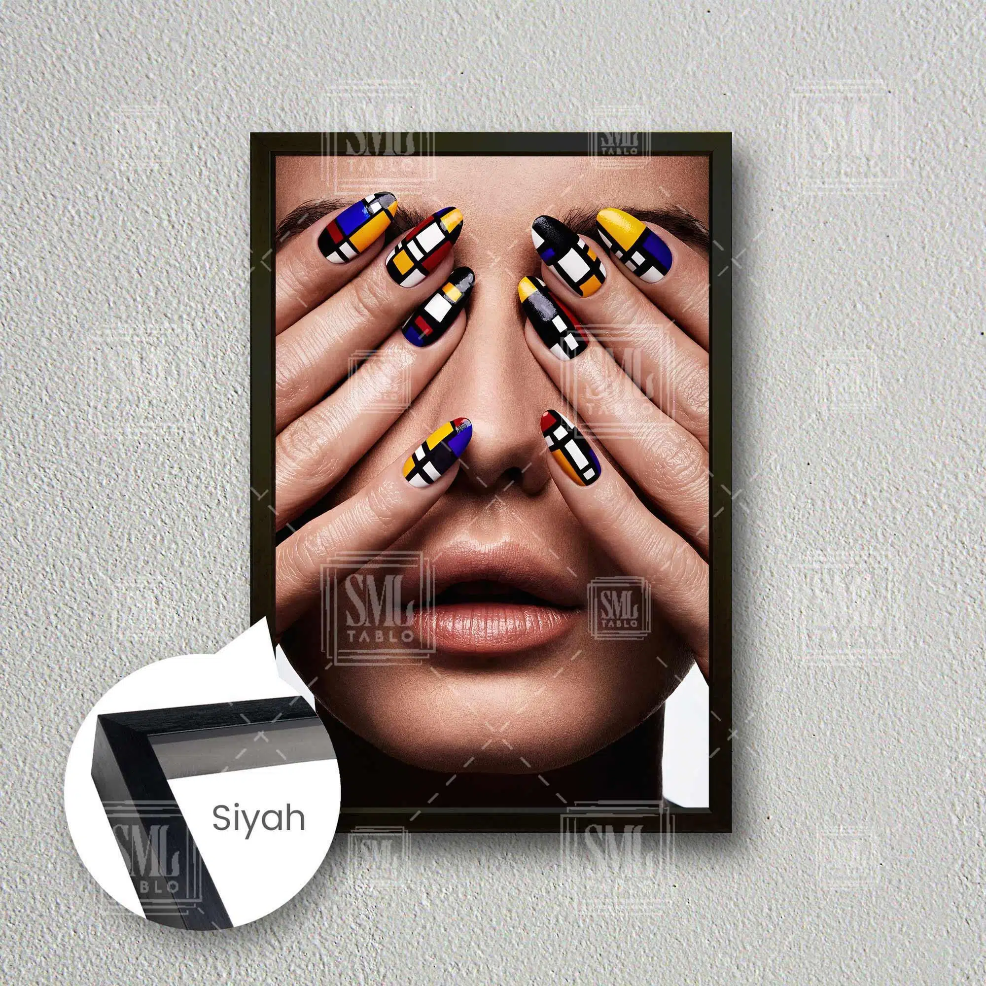 Nail Art Sanat Eseri Tırnak Süsü Tırnak Tasarım Stüdyosu Çerçeveli Dikey Kanvas Tablo - Siyah