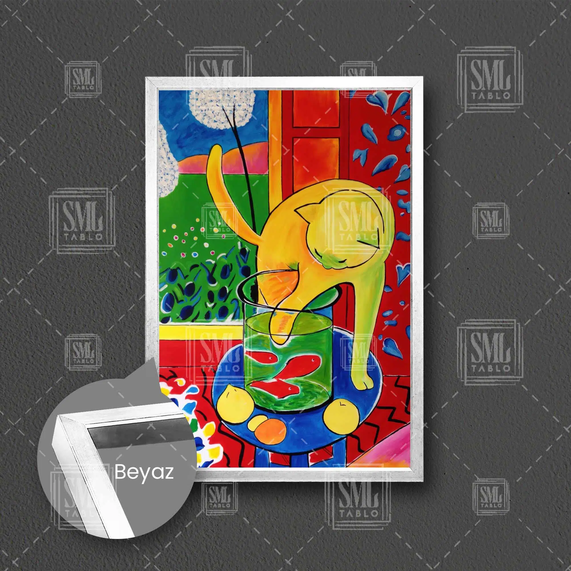 Henry Matisse The Cat With Red Fish Kedi Balıklar Akvaryum Çerçeveli Dikey Kanvas Tablo - Beyaz