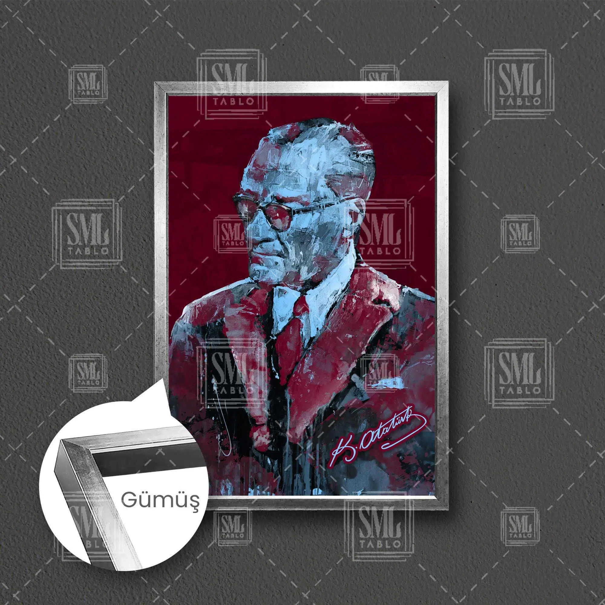 Mustafa Kemal Atatürk İmzası Bordo Ve Mavi Trabzon Çerçeveli Dikey Kanvas Tablo - Gümüş
