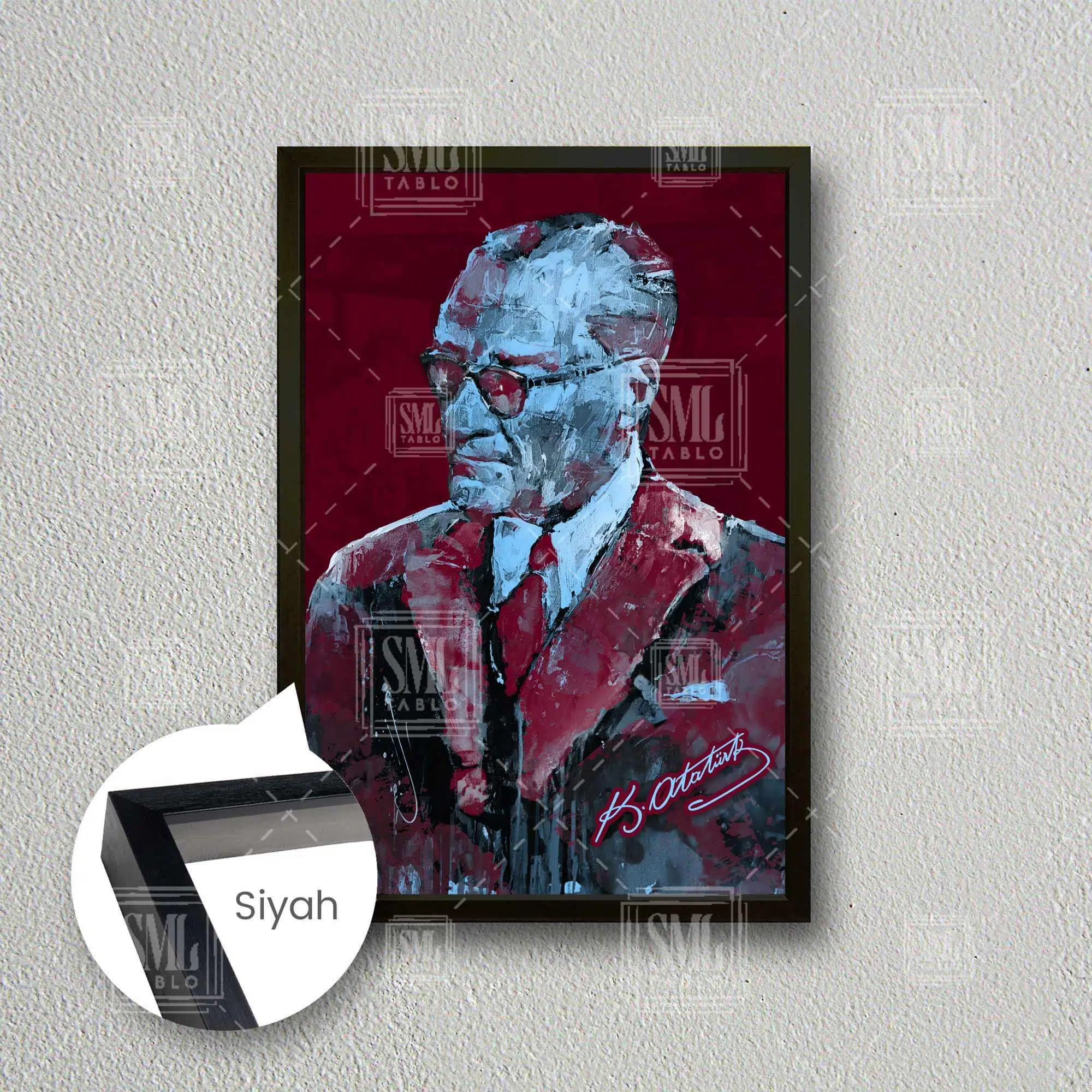 Mustafa Kemal Atatürk İmzası Bordo Ve Mavi Trabzon Çerçeveli Dikey Kanvas Tablo - Siyah