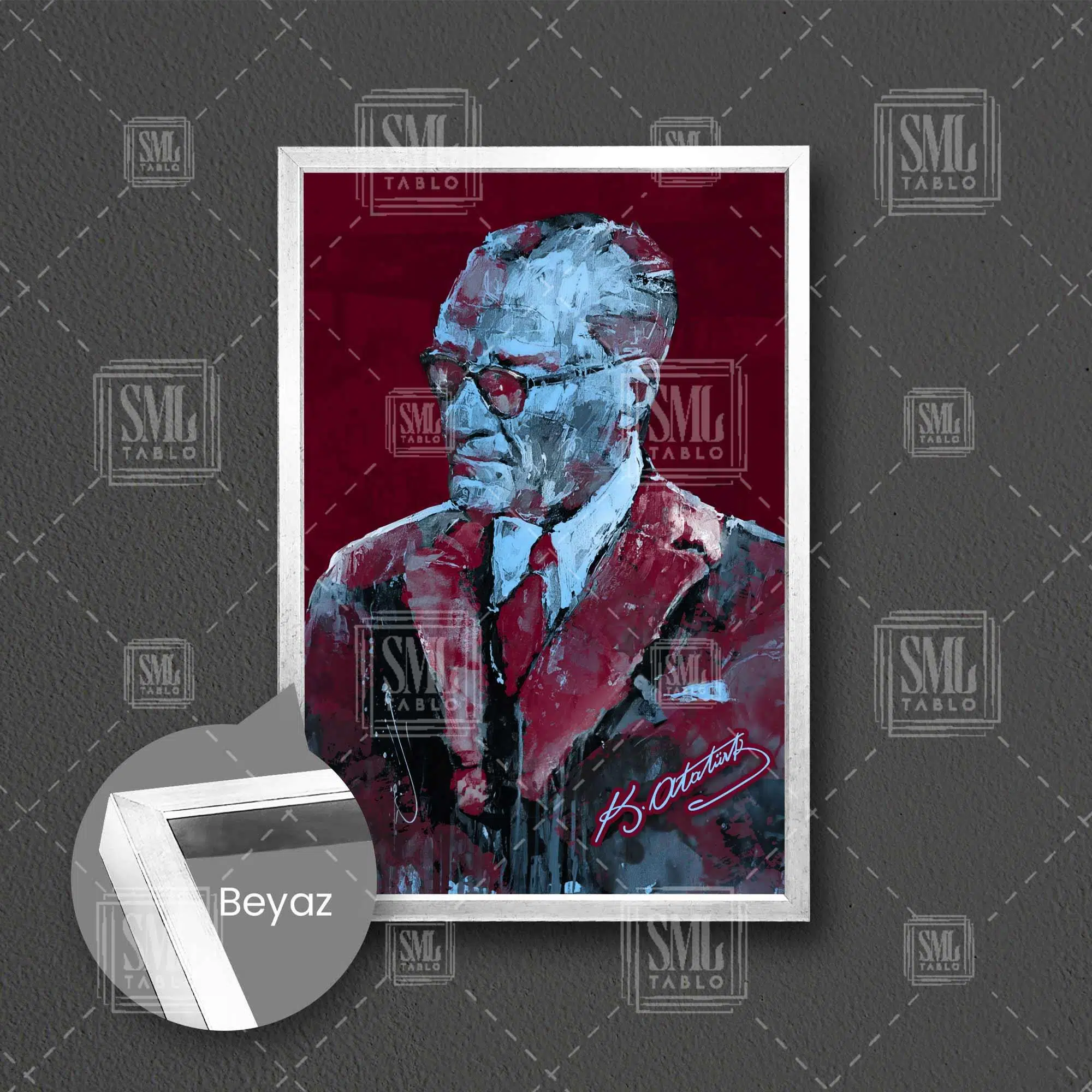Mustafa Kemal Atatürk İmzası Bordo Ve Mavi Trabzon Çerçeveli Dikey Kanvas Tablo - Beyaz