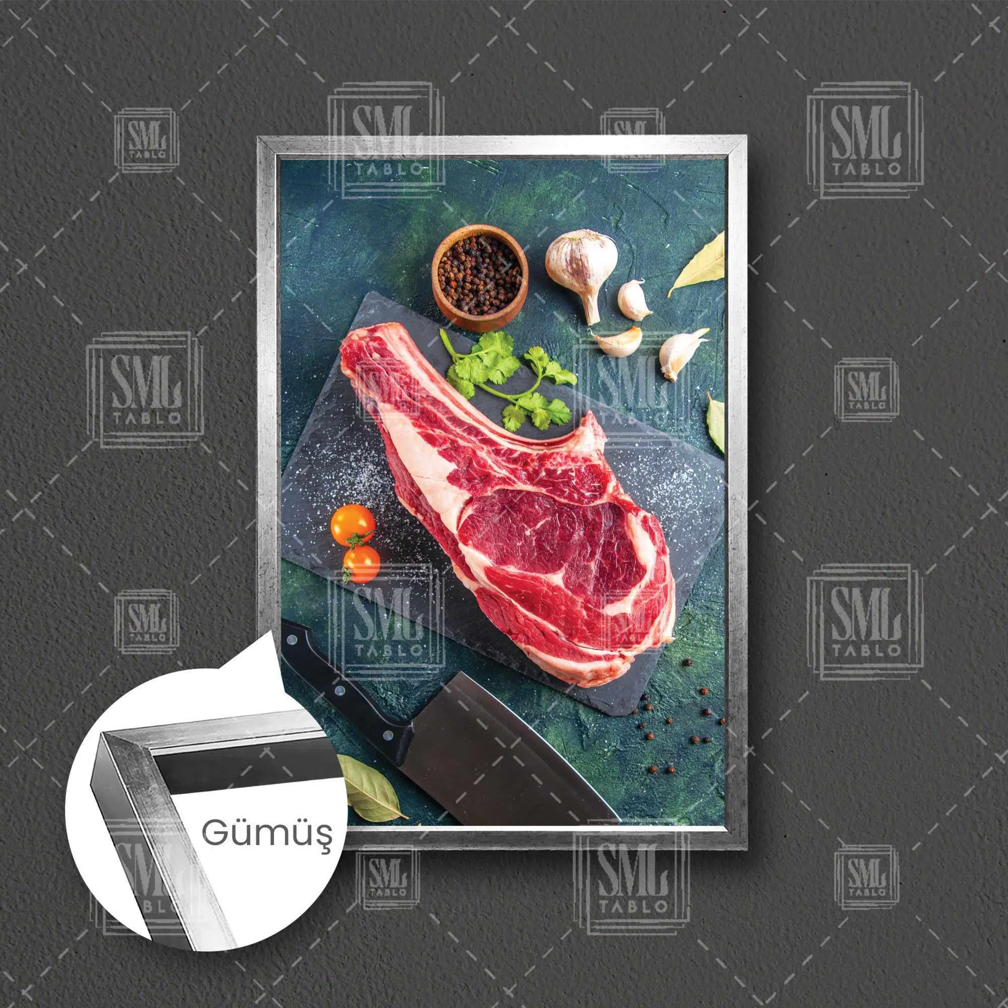Restaurant Kasap Dükkanı Kırmızı Et Mutfak Dekoru Çerçeveli Dikey Kanvas Tablo - Gümüş