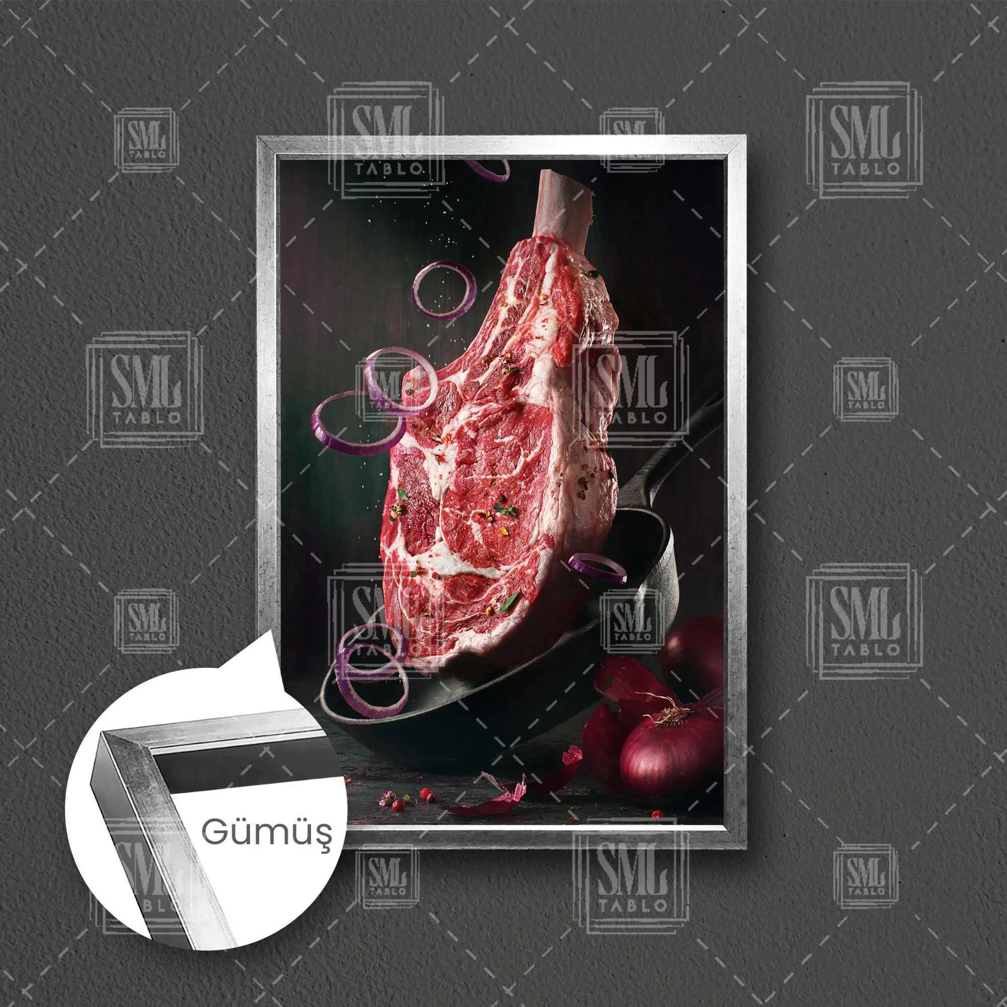 Kırmızı Et Restaurant Dekor Kasap Dükkanı Çerçeveli Dikey Kanvas Tablo - Gümüş