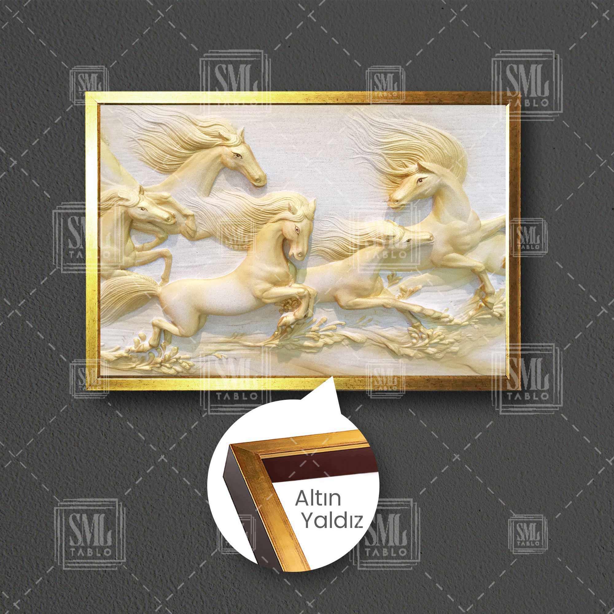 3D Mermer Efektli Koşan Sarı Atlar Kabartma Alçı Çerçeveli Yatay Kanvas Tablo 3D Mermer Efektli Koşan Sarı Atlar Kabartma Alçı Çerçeveli Yatay Kanvas Tablo