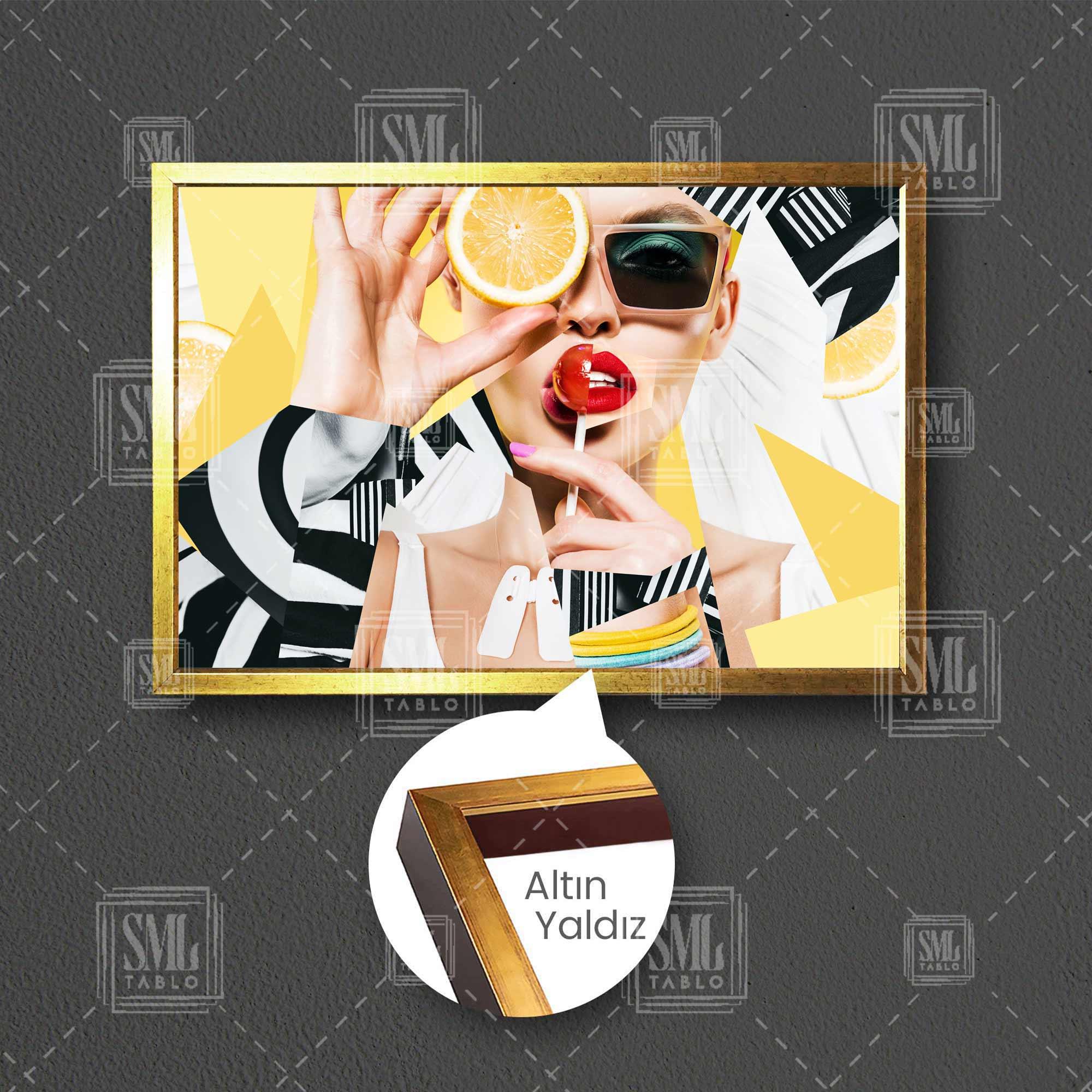 Lolipop Yiyen Sarı Portakal Gözlü Kadın Modern Çerçeve Yatay Kanvas Tablo Lolipop Yiyen Sarı Portakal Gözlü Kadın Modern Çerçeve Yatay Kanvas Tablo