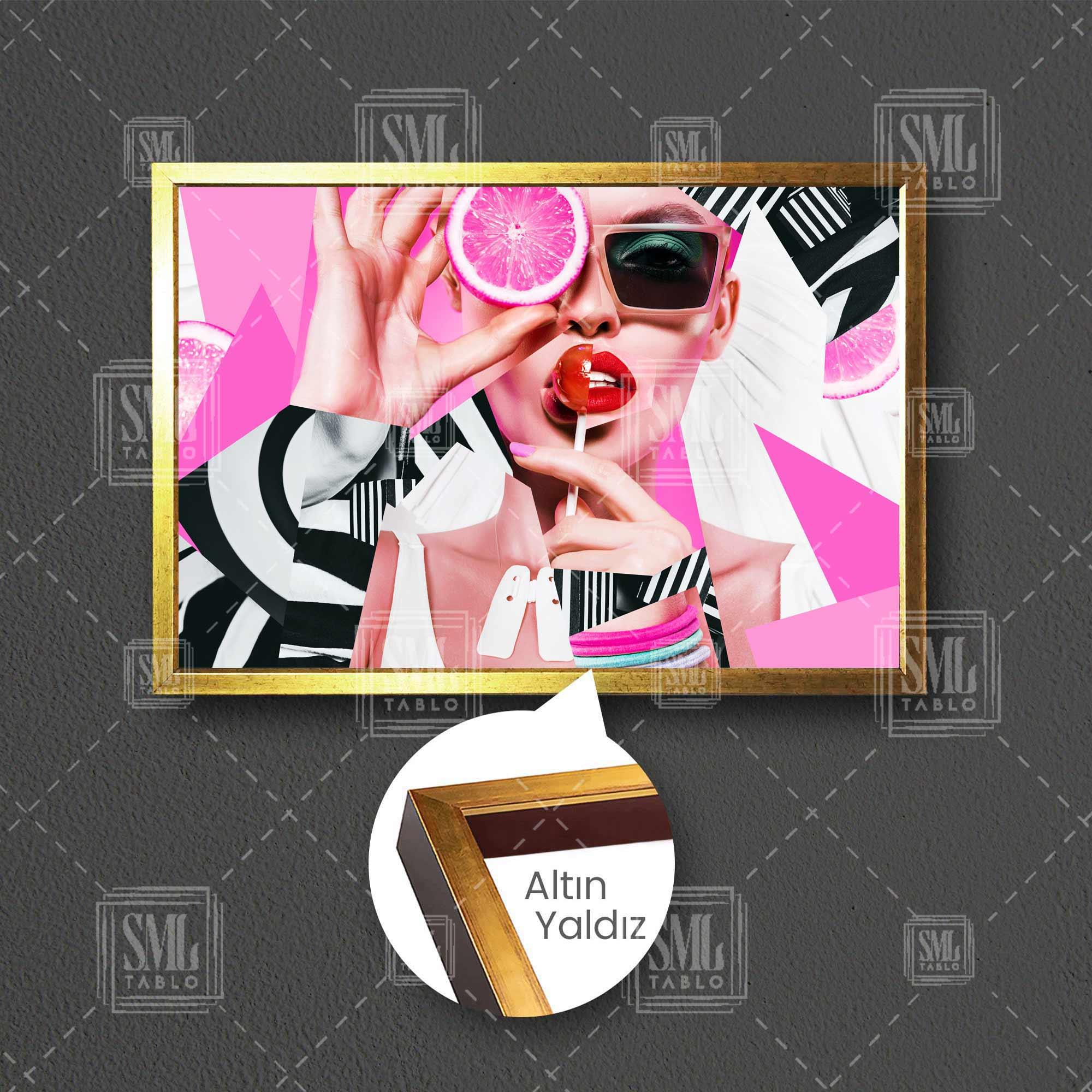 Lolipop Yiyen Pembe Portakal Gözlü Kadın Modern Çerçeveli Yatay Kanvas Tablo Lolipop Yiyen Pembe Portakal Gözlü Kadın Modern Çerçeveli Yatay Kanvas Tablo