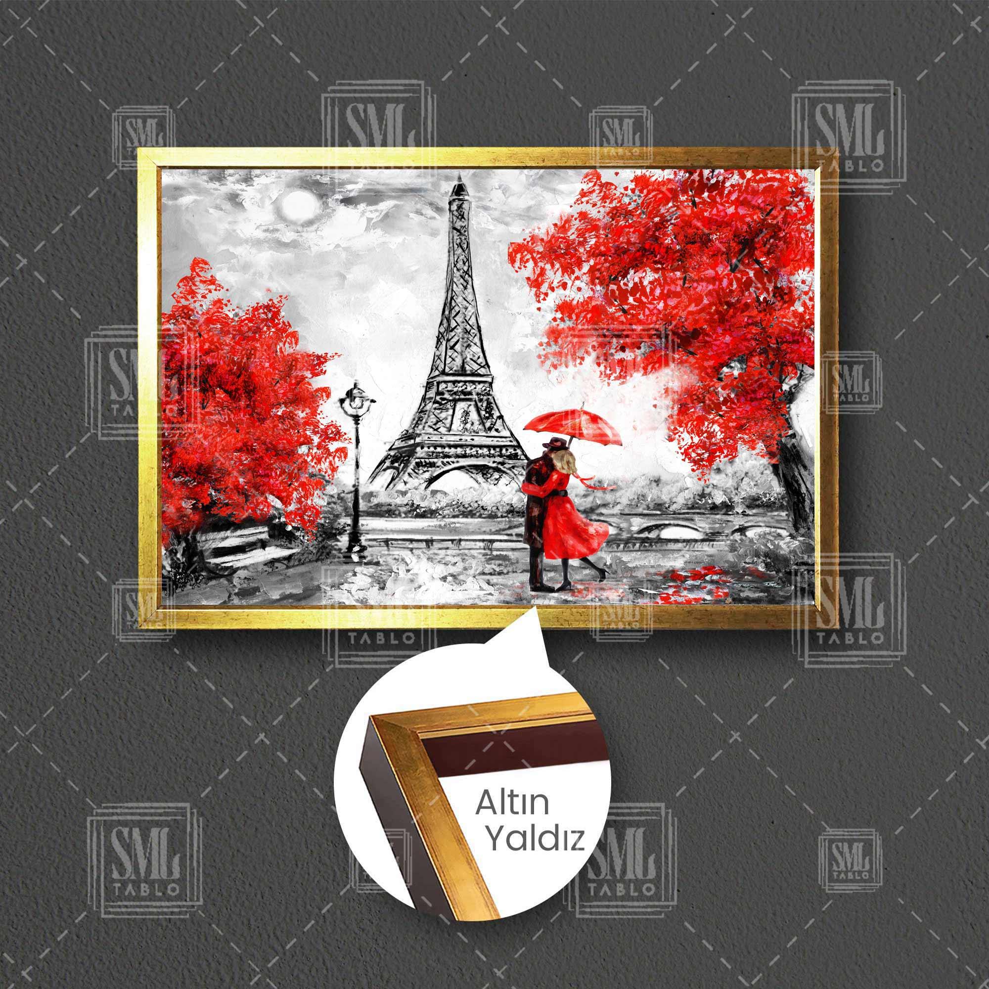 Yağlı Boya Efektli Eyfel Kulesi Sarılan Çift Kırmızı Şemsiye Paris Çerçeveli Yatay Kanvas Tablo Yağlı Boya Efektli Eyfel Kulesi Sarılan Çift Kırmızı Şemsiye Paris Çerçeveli Yatay Kanvas Tablo