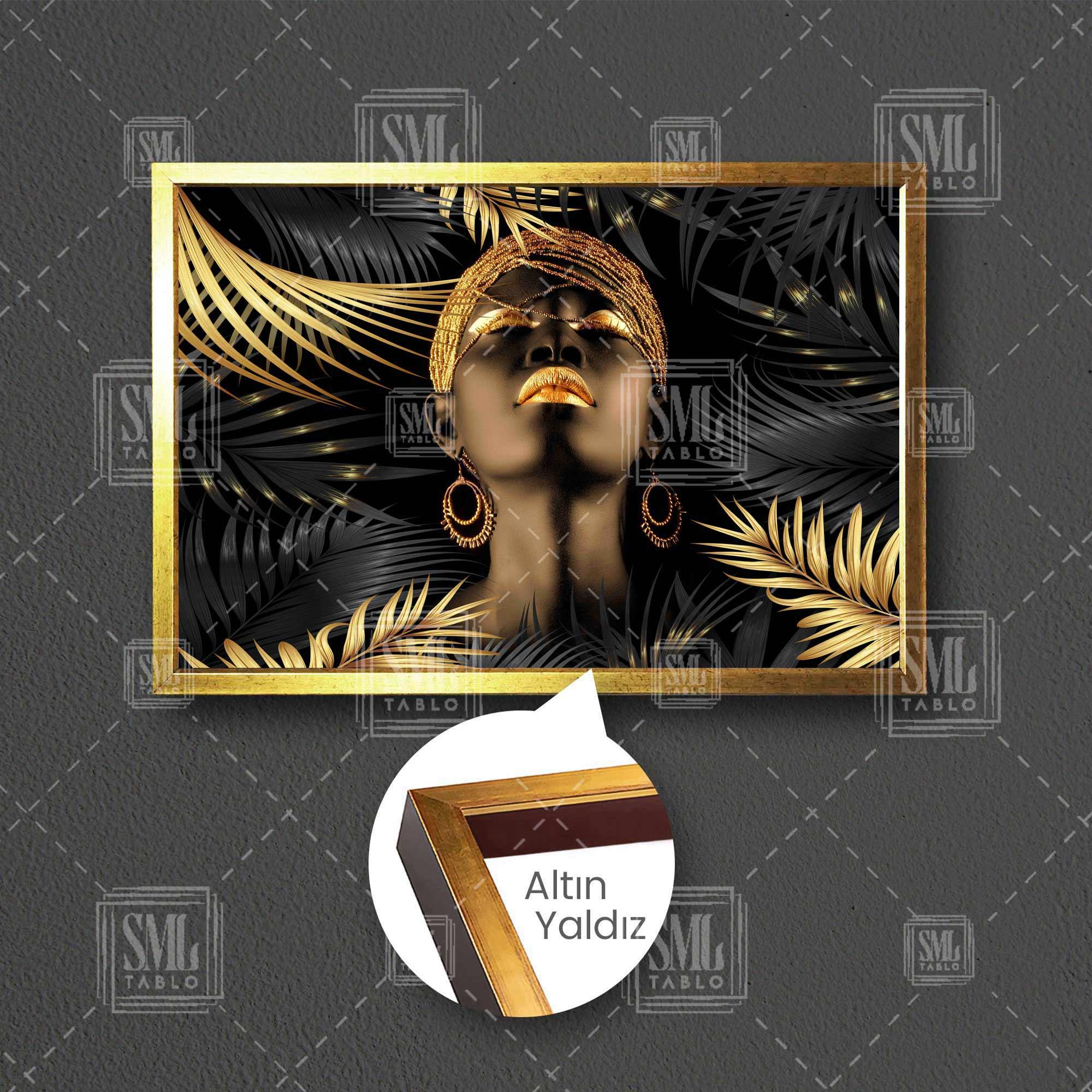 Afrikan Kadın Altın Küpe Gold Yapraklı Çerçeveli Yatay Kanvas Tablo Afrikan Kadın Altın Küpe Gold Yapraklı Çerçeveli Yatay Kanvas Tablo