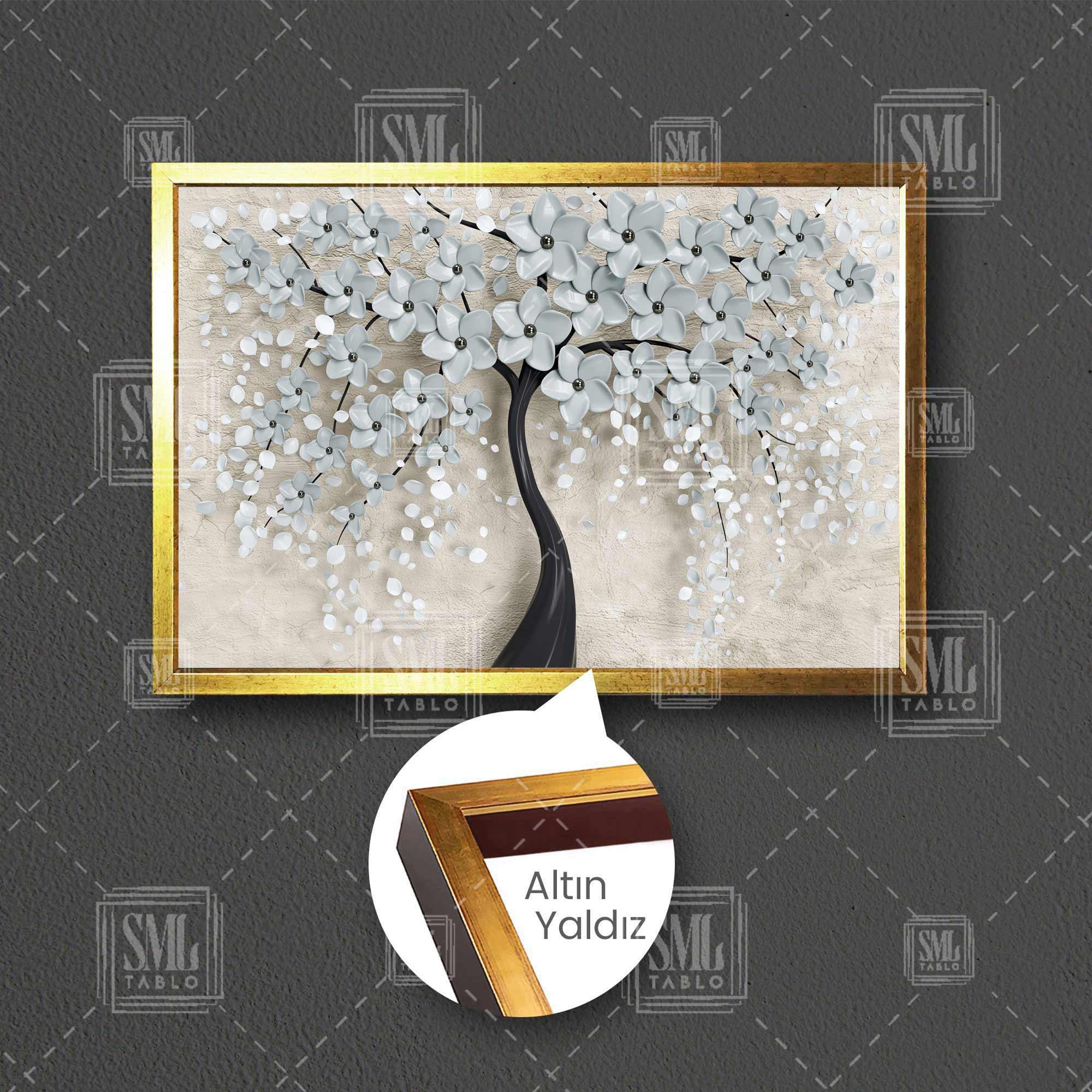 İnci Çiçekli Ağaç Dekoratif Modern Çerçeveli Yatay Kanvas Tablo İnci Çiçekli Ağaç Dekoratif Modern Çerçeveli Yatay Kanvas Tablo