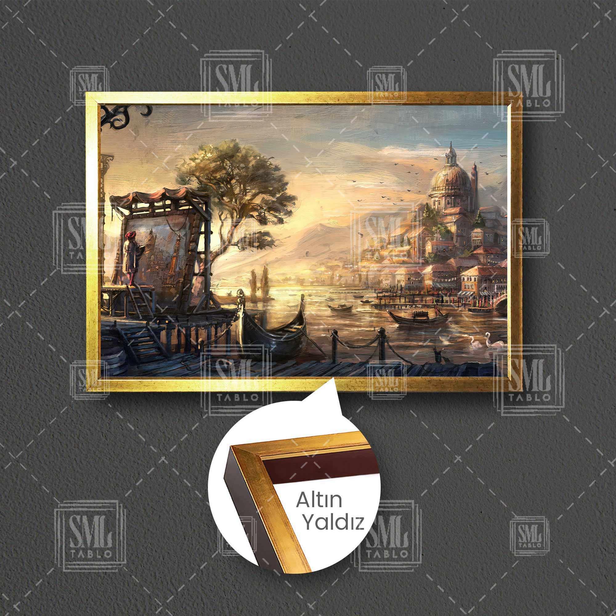 Modern Şehir Hayatı Yağlı Boya Efektli Şehir Resmi Çizen Ressam Rıhtım Manzara Çerçeveli Yatay Kanvas Tablo Modern Şehir Hayatı Yağlı Boya Efektli Şehir Resmi Çizen Ressam Rıhtım Manzara Çerçeveli Yatay Kanvas Tablo