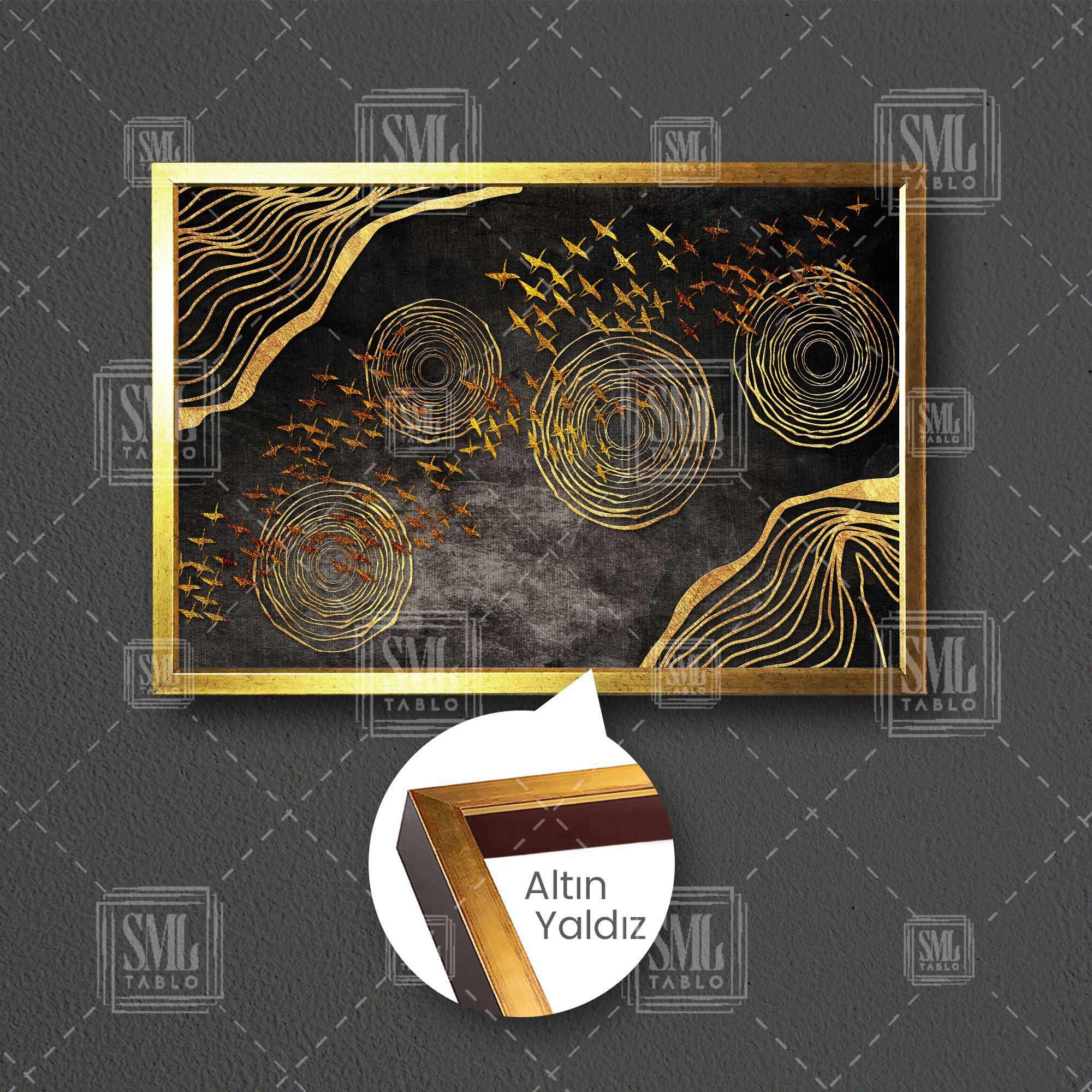 Uçan Altın Kuşlat Gold Çizgisel Daire Modern Dekoratif Çerçeveli Yatay Kanvas Tablo Uçan Altın Kuşlat Gold Çizgisel Daire Modern Dekoratif Çerçeveli Yatay Kanvas Tablo