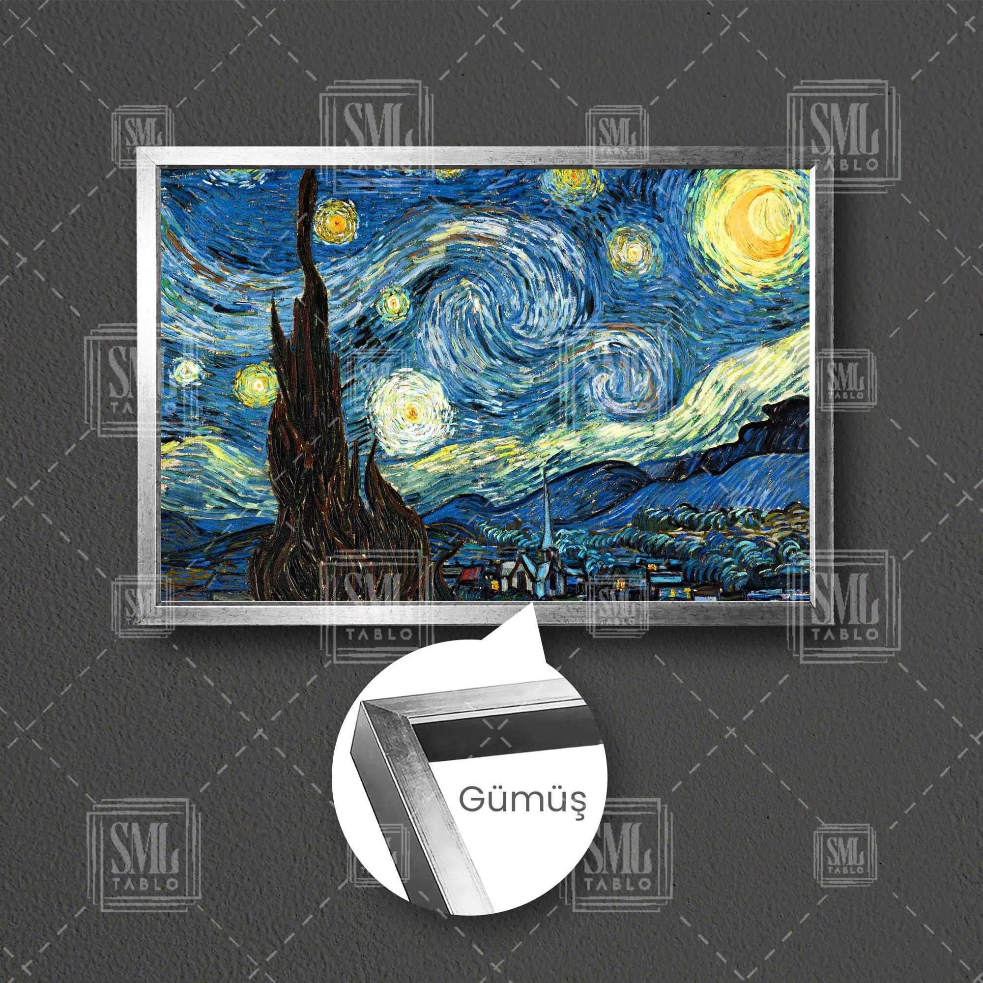 Van Gogh Yıldızlı Gece Tablosu Modern Sanat Yağlı Boya Efektli Çerçeveli Yatay Kanvas Tablo - Gümüş