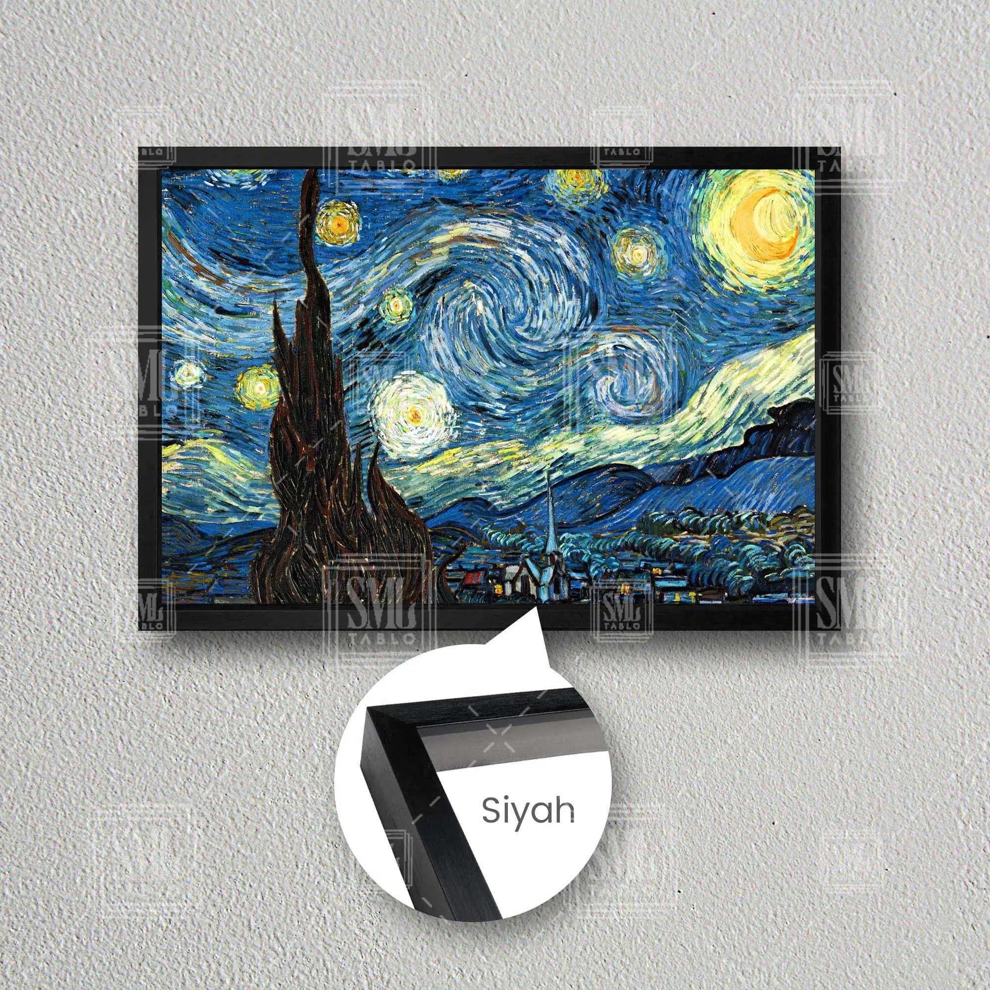 Van Gogh Yıldızlı Gece Tablosu Modern Sanat Yağlı Boya Efektli Çerçeveli Yatay Kanvas Tablo - Siyah