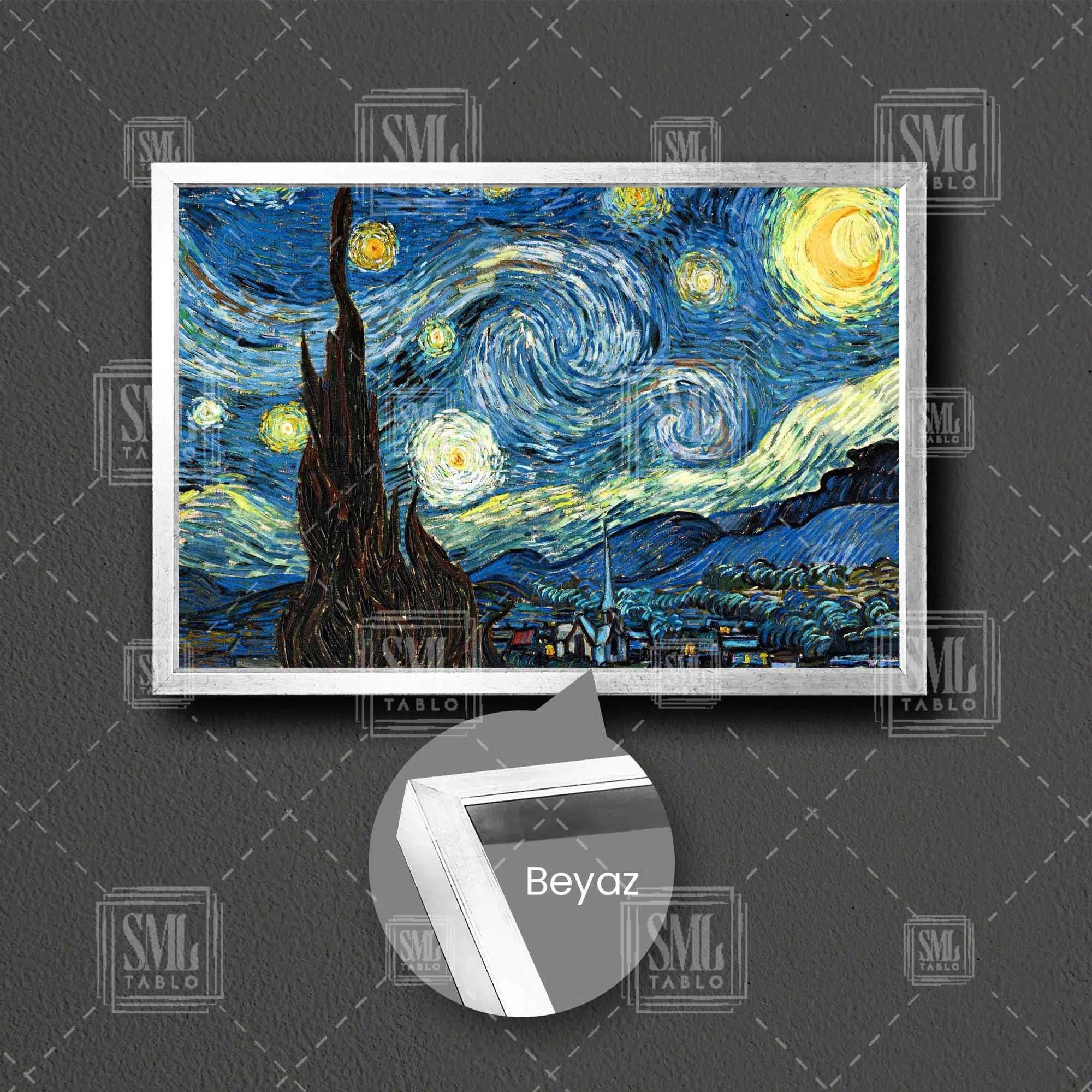Van Gogh Yıldızlı Gece Tablosu Modern Sanat Yağlı Boya Efektli Çerçeveli Yatay Kanvas Tablo - Beyaz