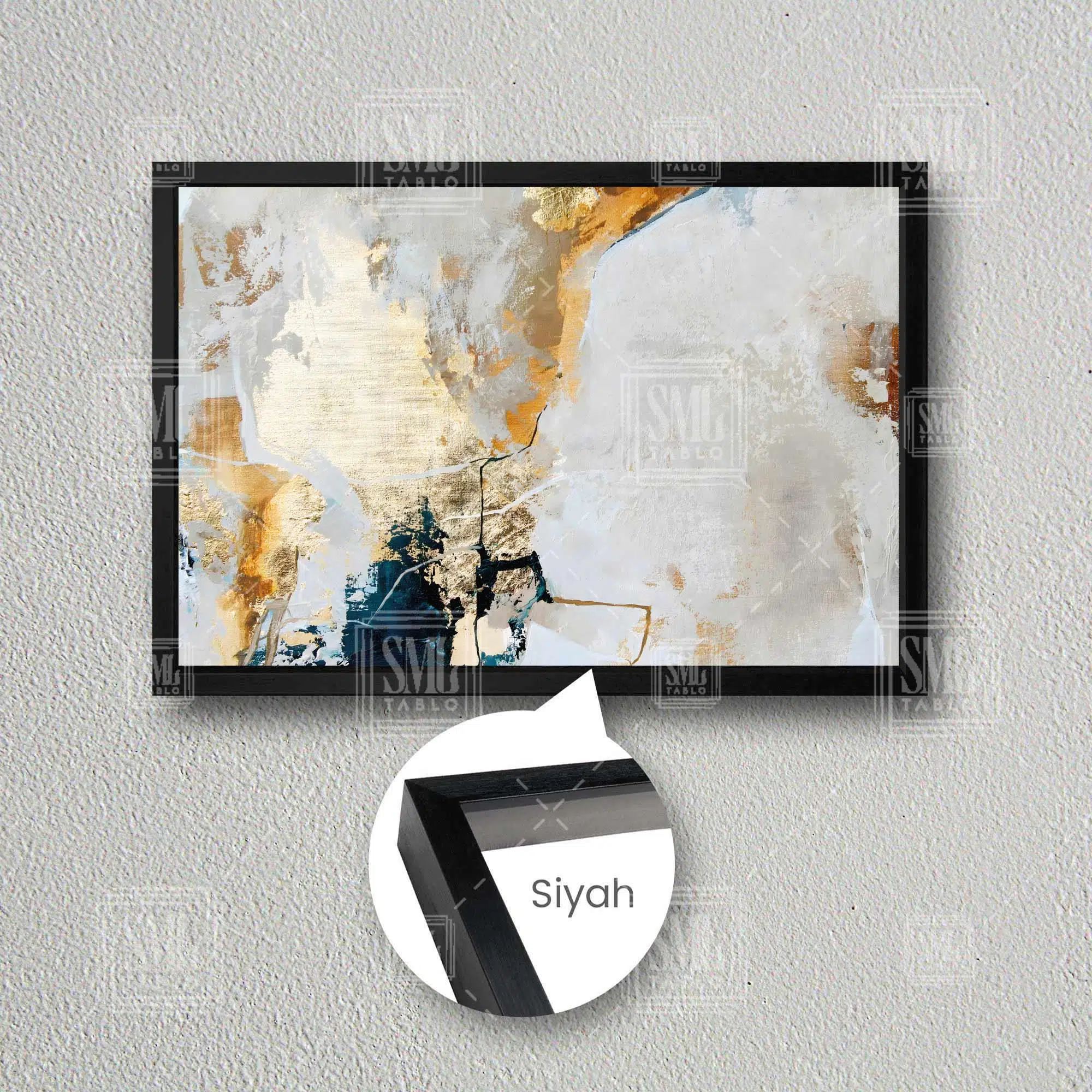 Soyut Sanat Altın Dokular Mavi Turkuaz Krem Tekstüre Modern Sanat Çerçeveli Yatay Kanvas Tablo - Siyah