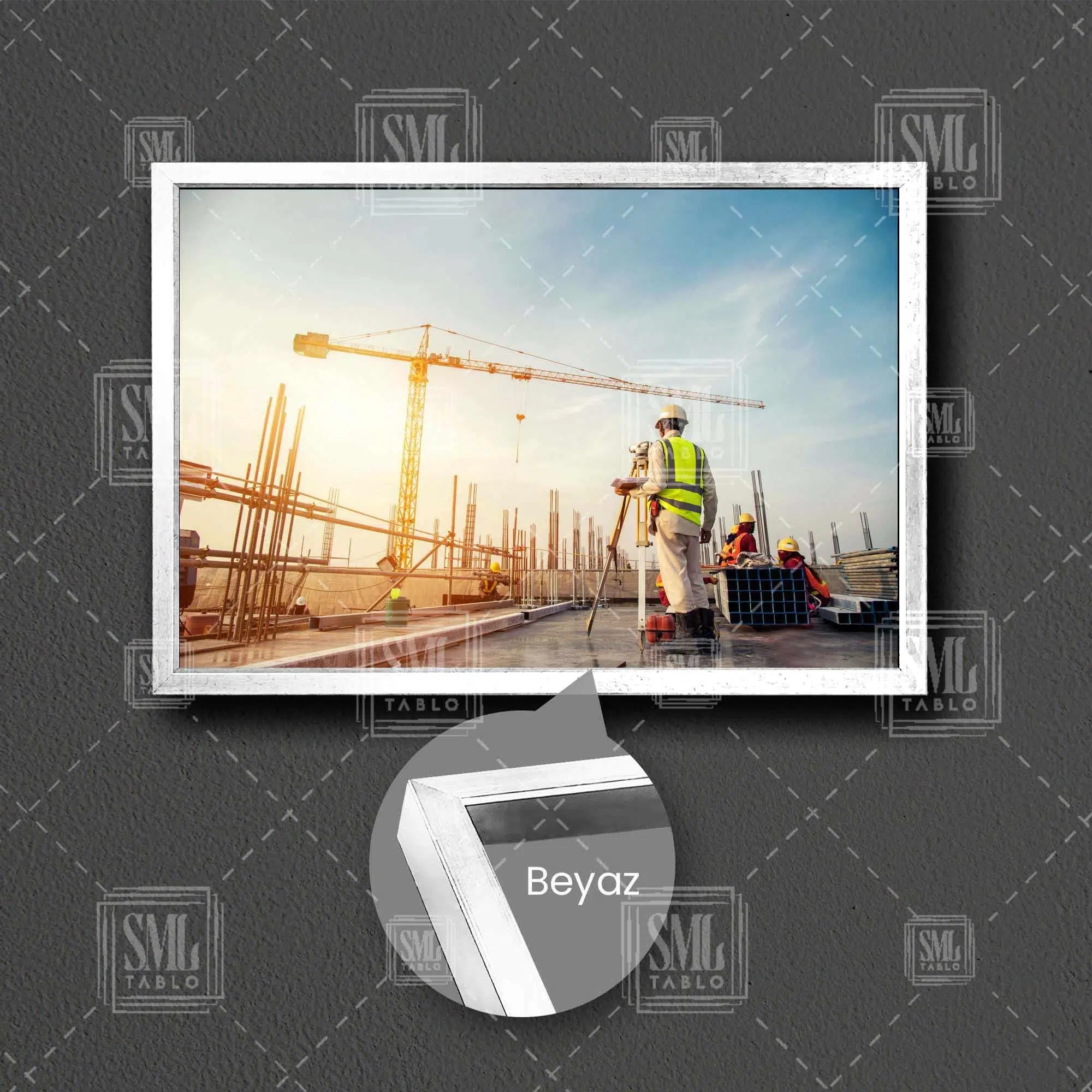 İnşaat Şantiye Mühendislik Ofisi Building Çerçeveli Yatay Kanvas Tablo - Beyaz