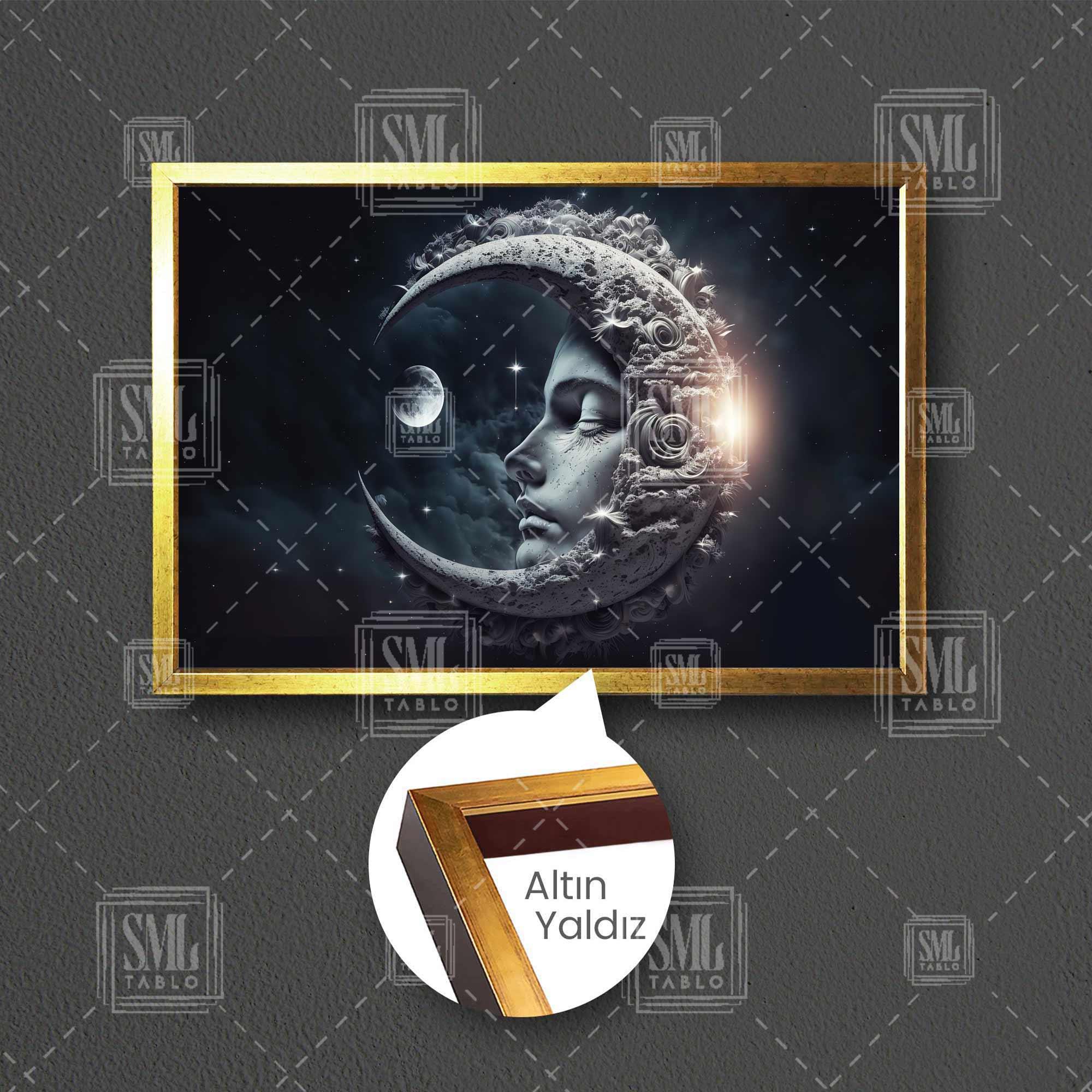 Ay Sembolü Uyuyan Ay Gece Yıldızların Arasında Çerçeveli Yatay Kanvas Tablo Ay Sembolü Uyuyan Ay Gece Yıldızların Arasında Çerçeveli Yatay Kanvas Tablo