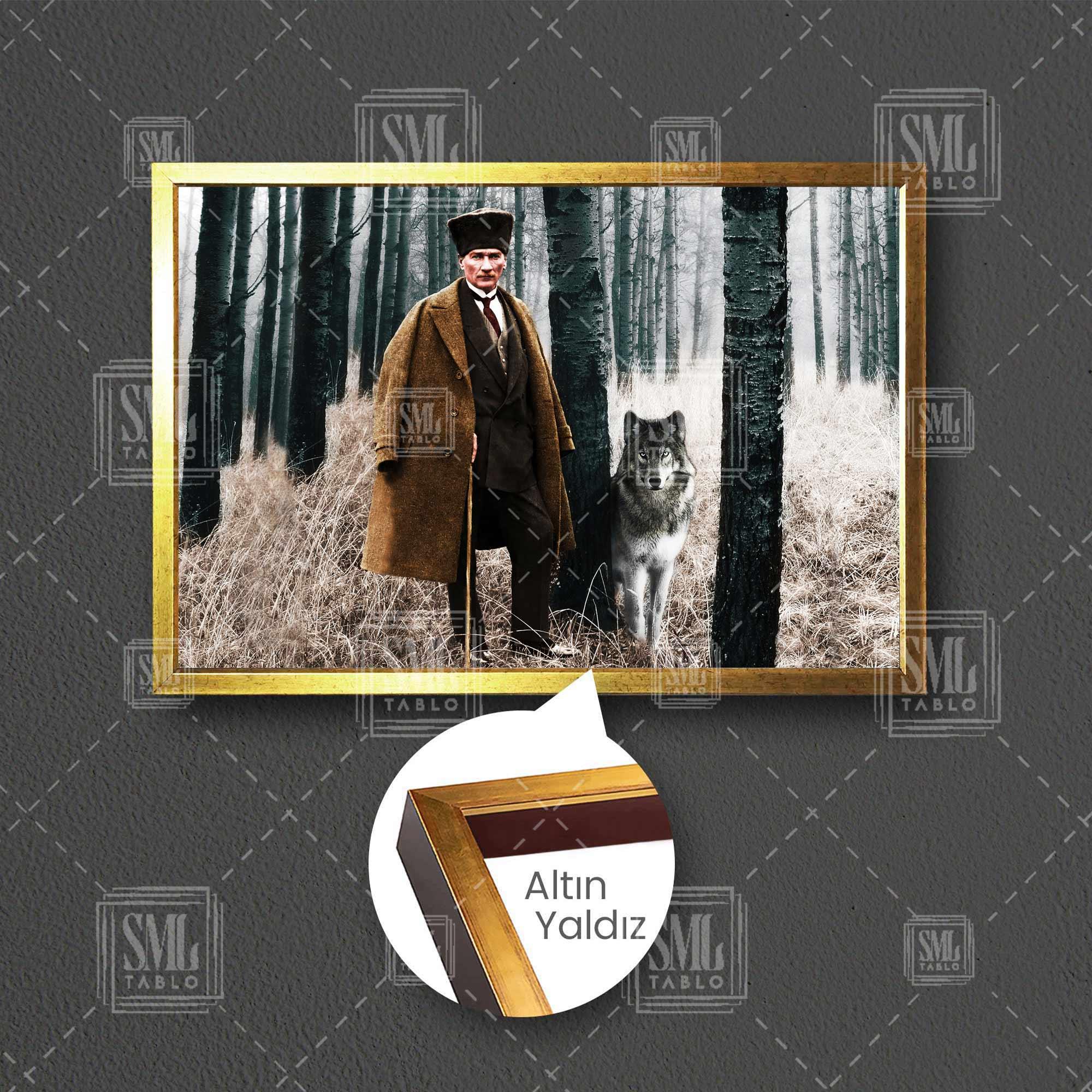 Mustafa Kemal Atatürk Ormanda Asil Kurt Çerçeveli Yatay Kanvas Tablo Mustafa Kemal Atatürk Ormanda Asil Kurt Çerçeveli Yatay Kanvas Tablo