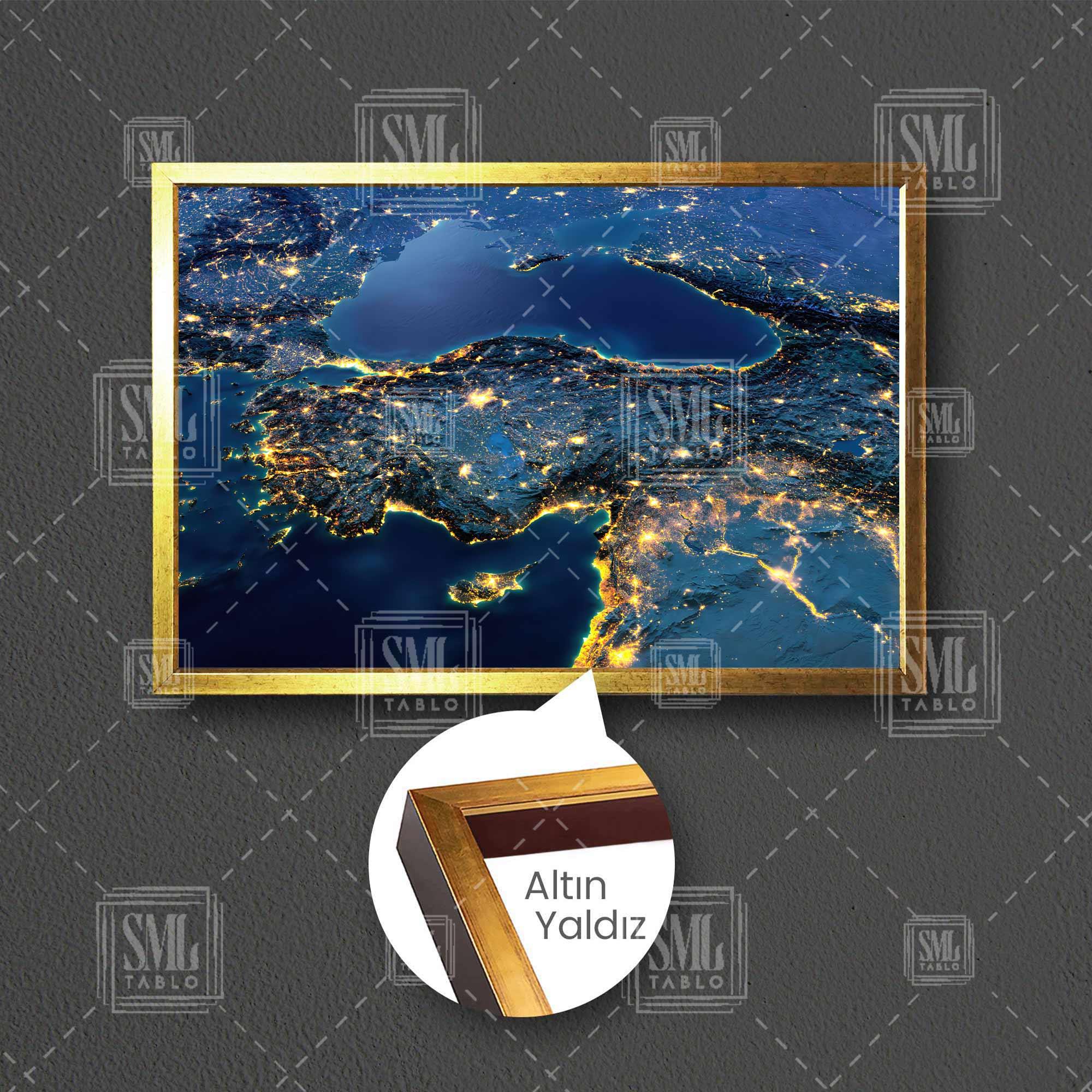 Türkiye Gece Uzaydan Görünüm Night View Şehir Işıkları Çerçeveli Yatay Kanvas Tablo Türkiye Gece Uzaydan Görünüm Night View Şehir Işıkları Çerçeveli Yatay Kanvas Tablo