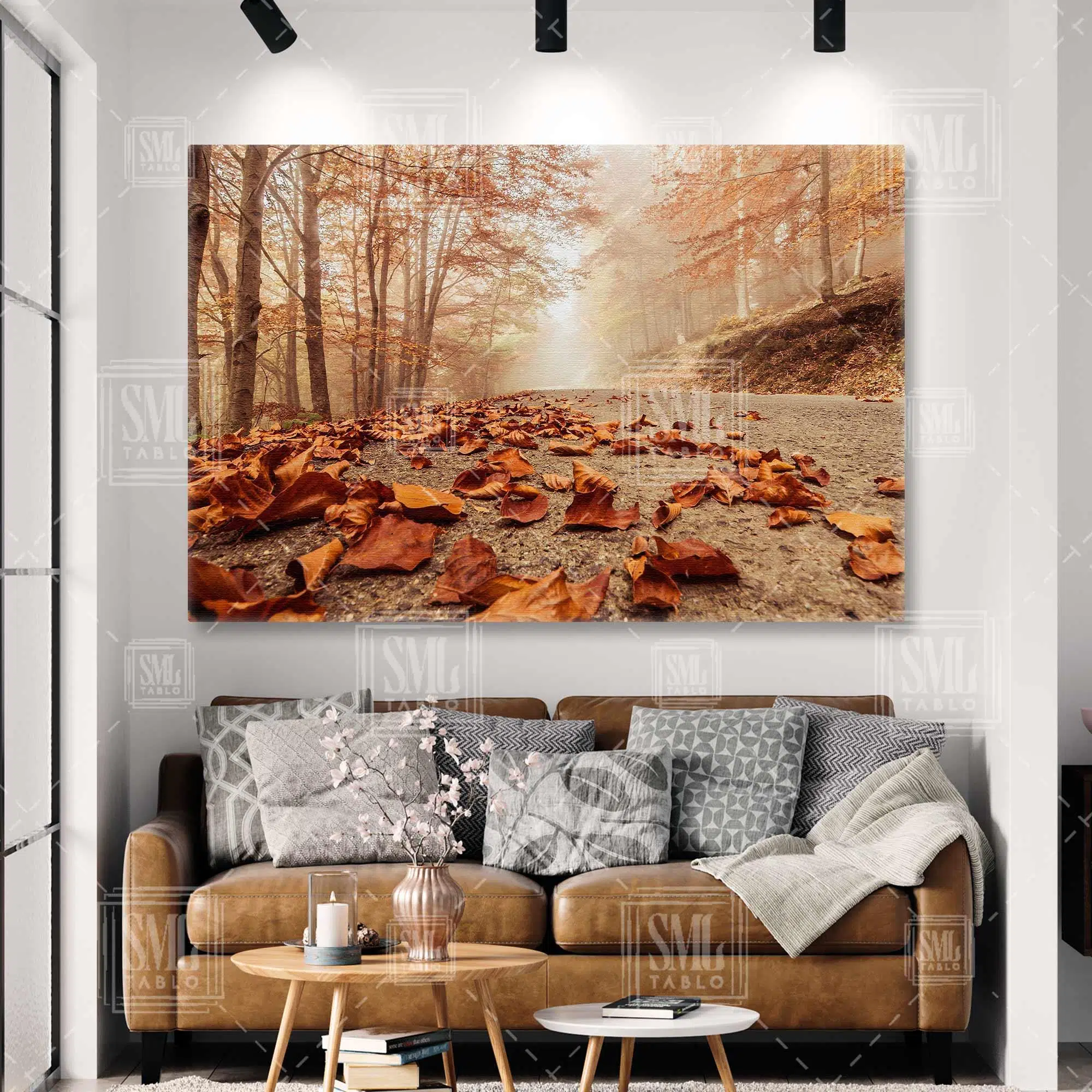 Sonbahar Doğa Manzarası Yaprak Dökümü Solan Yapraklar Yatay Kanvas Tablo