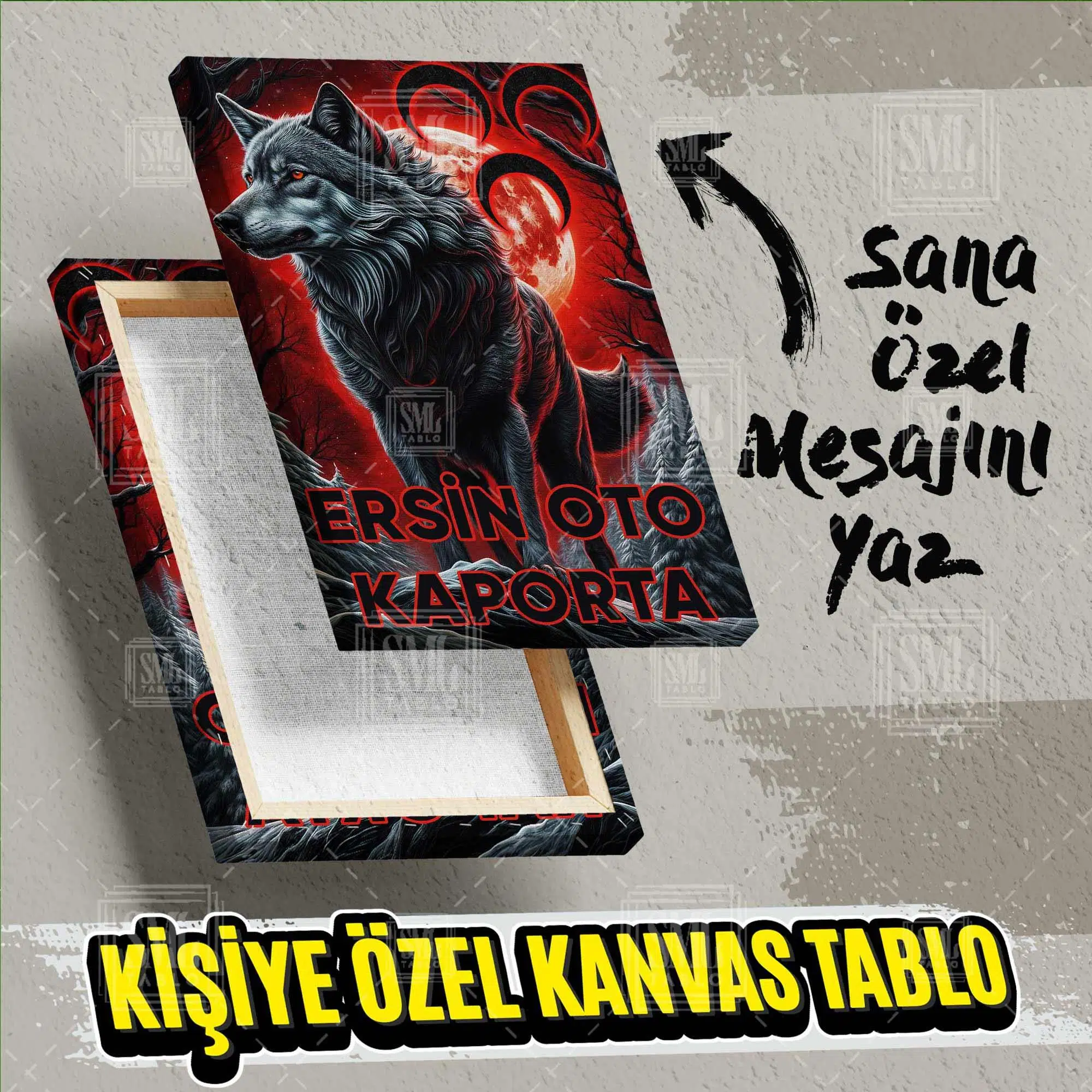 Kişiye Özel İsme Özel Bozkurt Üç Hilal Kurt Adınıza Özel İsimli İşyeri Hediyesi Kanvas Tablo