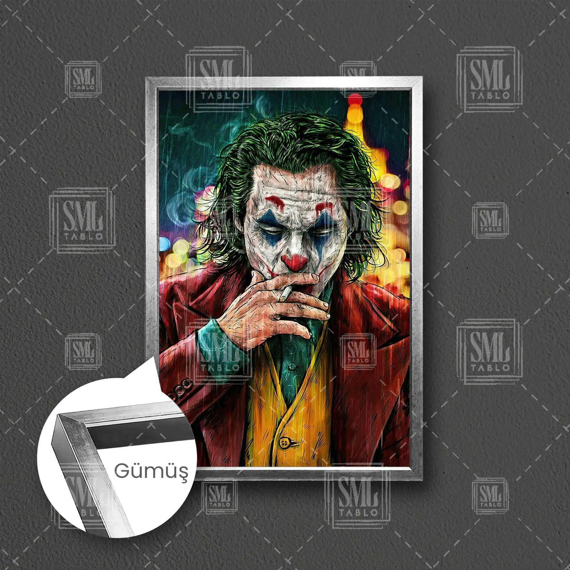 Sigara İçen Joker Yağmur Batman Kırmızı Ceket Çerçeveli Dikey Kanvas Tablo - Gümüş